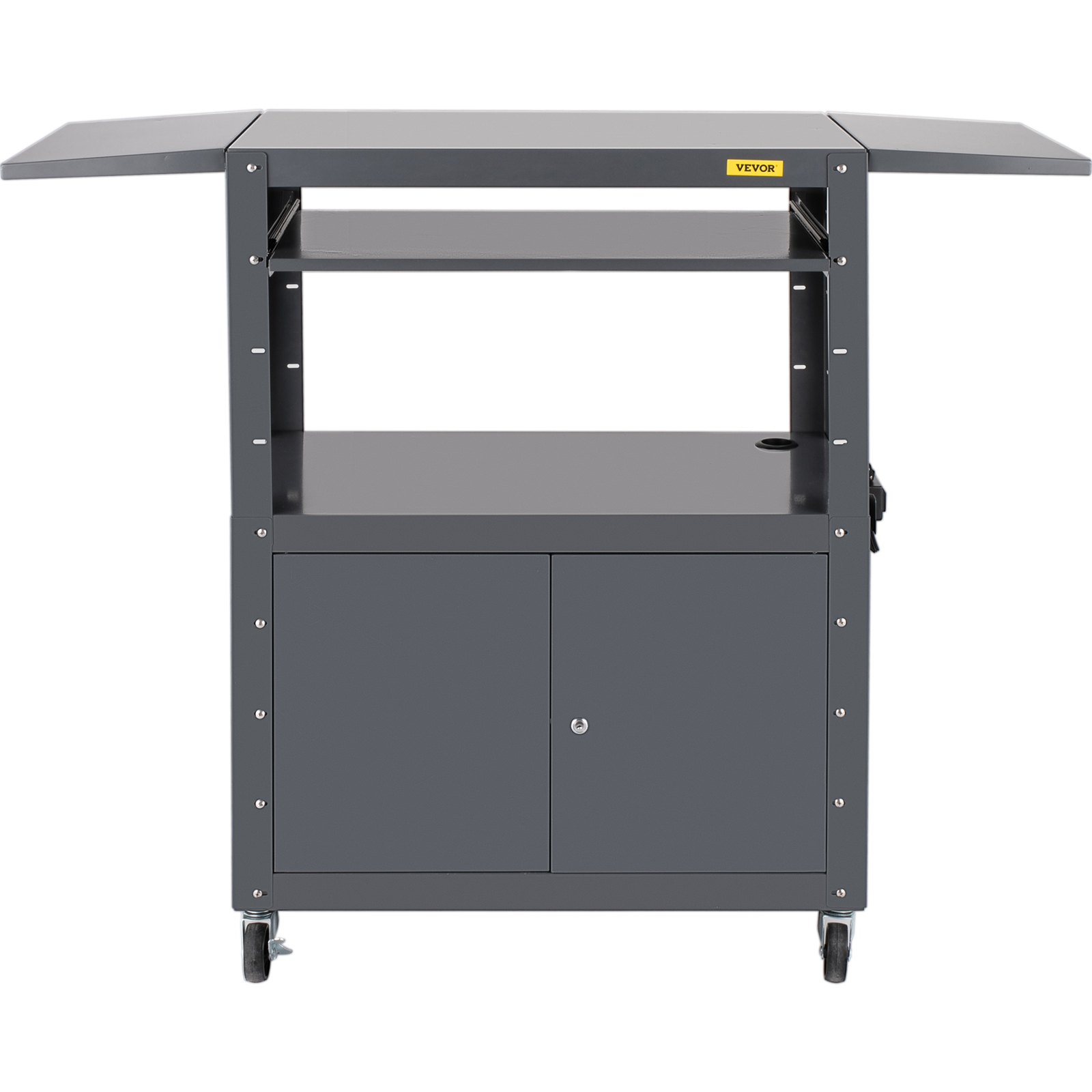 Carro AV VEVOR, carro de medios de altura ajustable de 27 a 41 pulgadas con 2 hojas colgantes, carro de presentación de capacidad de 150 libras con un gabinete con cerradura, carro de proyector de acero ensanchado de 33 x 18 pulgadas con una bandeja para teclado