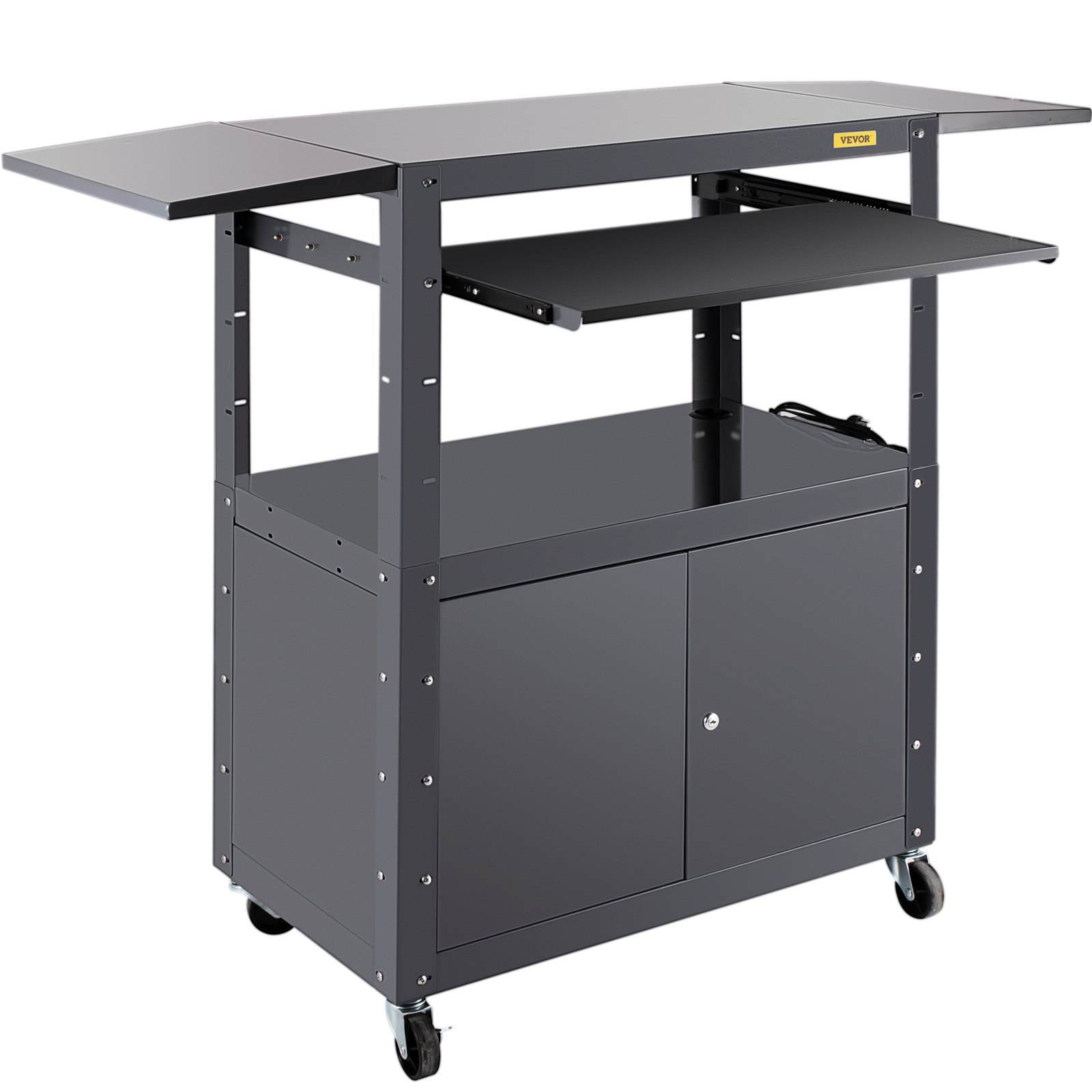 Carro AV VEVOR, carro de medios de altura ajustable de 27 a 41 pulgadas con 2 hojas colgantes, carro de presentación de capacidad de 150 libras con un gabinete con cerradura, carro de proyector de acero ensanchado de 33 x 18 pulgadas con una bandeja para teclado