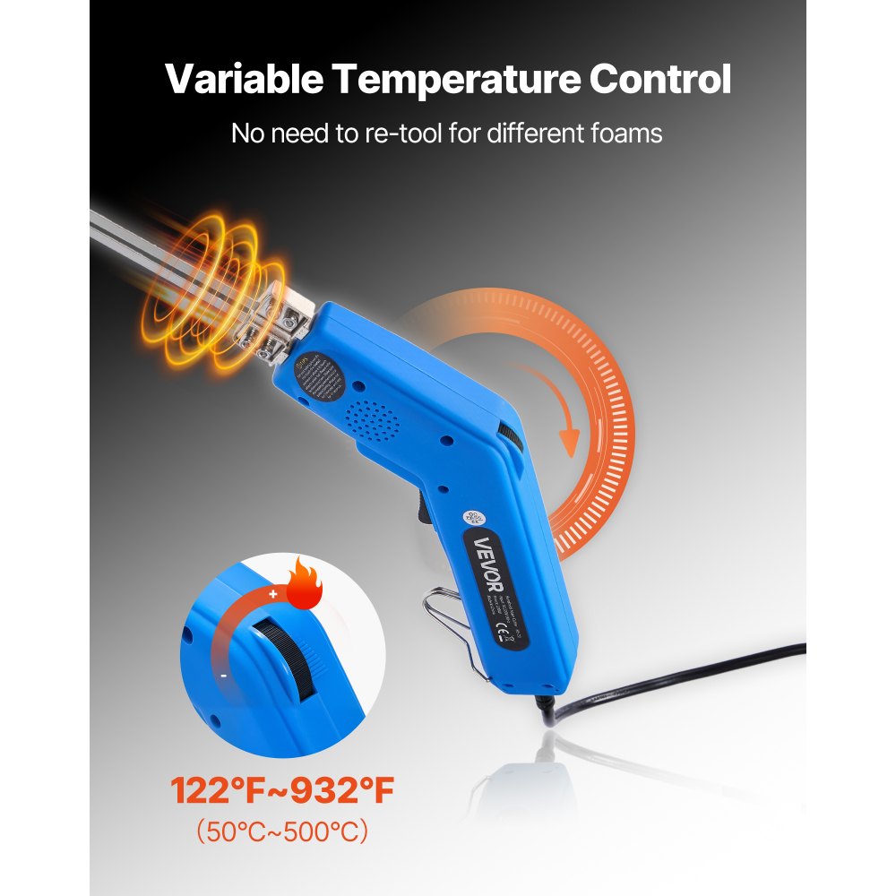 Cortador de espuma con cuchilla caliente VEVOR, herramienta eléctrica de 200 W para cortar espuma, cortador de poliestireno ajustable de 50 °C a 500 °C con cuchillas de 15 cm y 20 cm para paneles KT, polietileno, esponja y caucho. Incluye caja de herramientas.