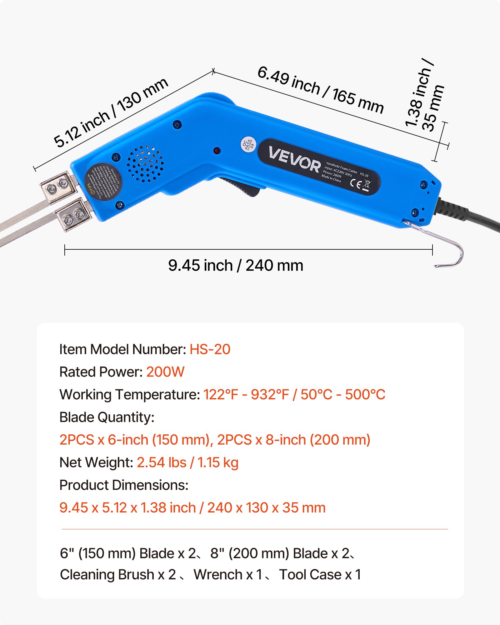 Cortador de espuma con cuchilla caliente VEVOR, herramienta eléctrica de 200 W para cortar espuma, cortador de poliestireno ajustable de 50 °C a 500 °C con cuchillas de 15 cm y 20 cm para paneles KT, polietileno, esponja y caucho. Incluye caja de herramientas.