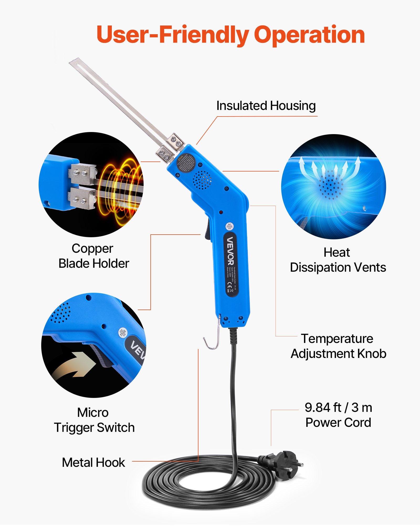 Cortador de espuma con cuchilla caliente VEVOR, herramienta eléctrica de 200 W para cortar espuma, cortador de poliestireno ajustable de 50 °C a 500 °C con cuchillas de 15 cm y 20 cm para paneles KT, polietileno, esponja y caucho. Incluye caja de herramientas.