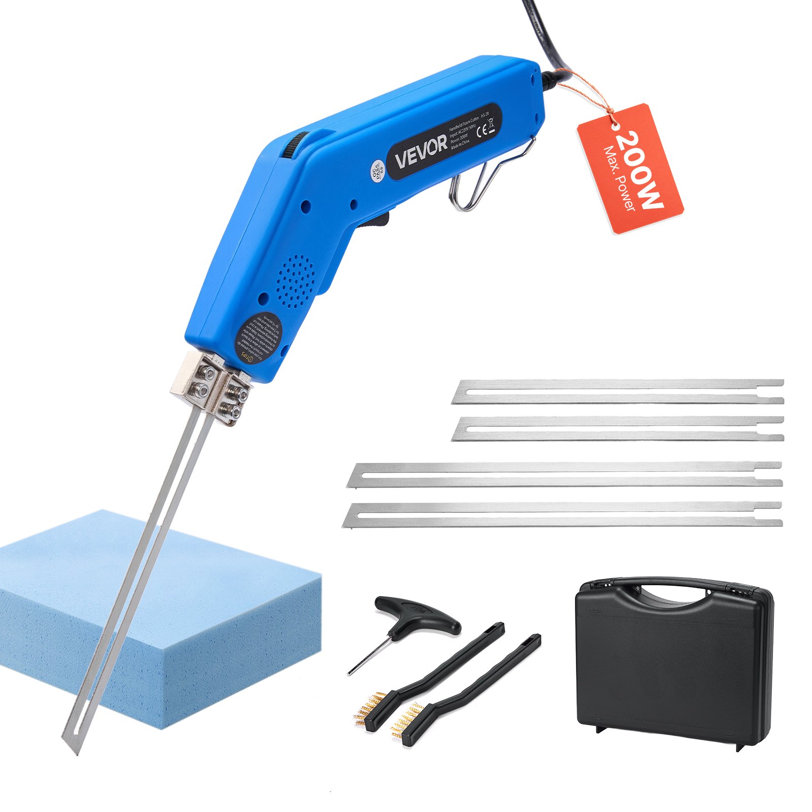 Cortador de espuma con cuchilla caliente VEVOR, herramienta eléctrica de 200 W para cortar espuma, cortador de poliestireno ajustable de 50 °C a 500 °C con cuchillas de 15 cm y 20 cm para paneles KT, polietileno, esponja y caucho. Incluye caja de herramientas.