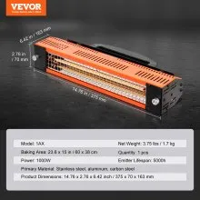 Lámpara de curado por infrarrojos VEVOR, 1000 W de alta potencia, luz de curado de automóvil con calefacción automática portátil, área de horneado de 2,48 pies cuadrados, calentadores de cabina de horneado por aspersión, secador de pintura para reparación en el lugar, secado de motores