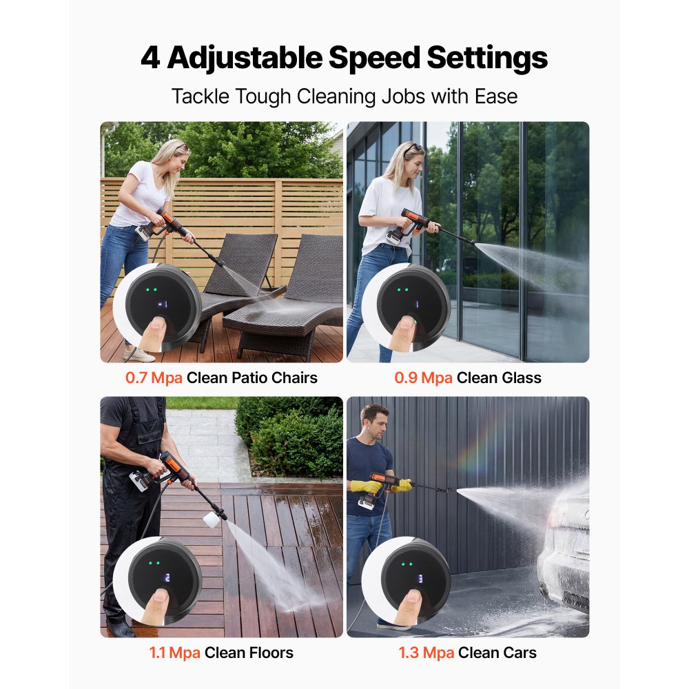 Hidrolavadora inalámbrica VEVOR, 1200 PSI MAX, portátil, con motor sin escobillas, doble batería, boquilla 6 en 1 y manguera de agua, 4 velocidades ajustables, limpiadora de mano para el hogar, jardín y patio.