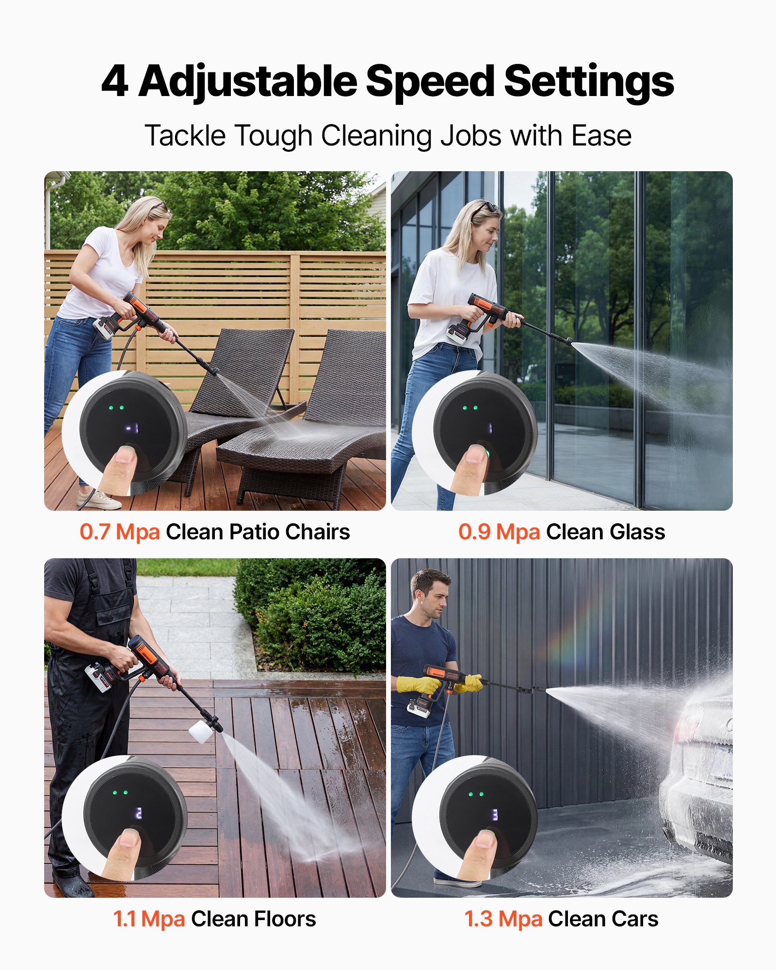 Hidrolavadora inalámbrica VEVOR, 1200 PSI MAX, portátil, con motor sin escobillas, doble batería, boquilla 6 en 1 y manguera de agua, 4 velocidades ajustables, limpiadora de mano para el hogar, jardín y patio.