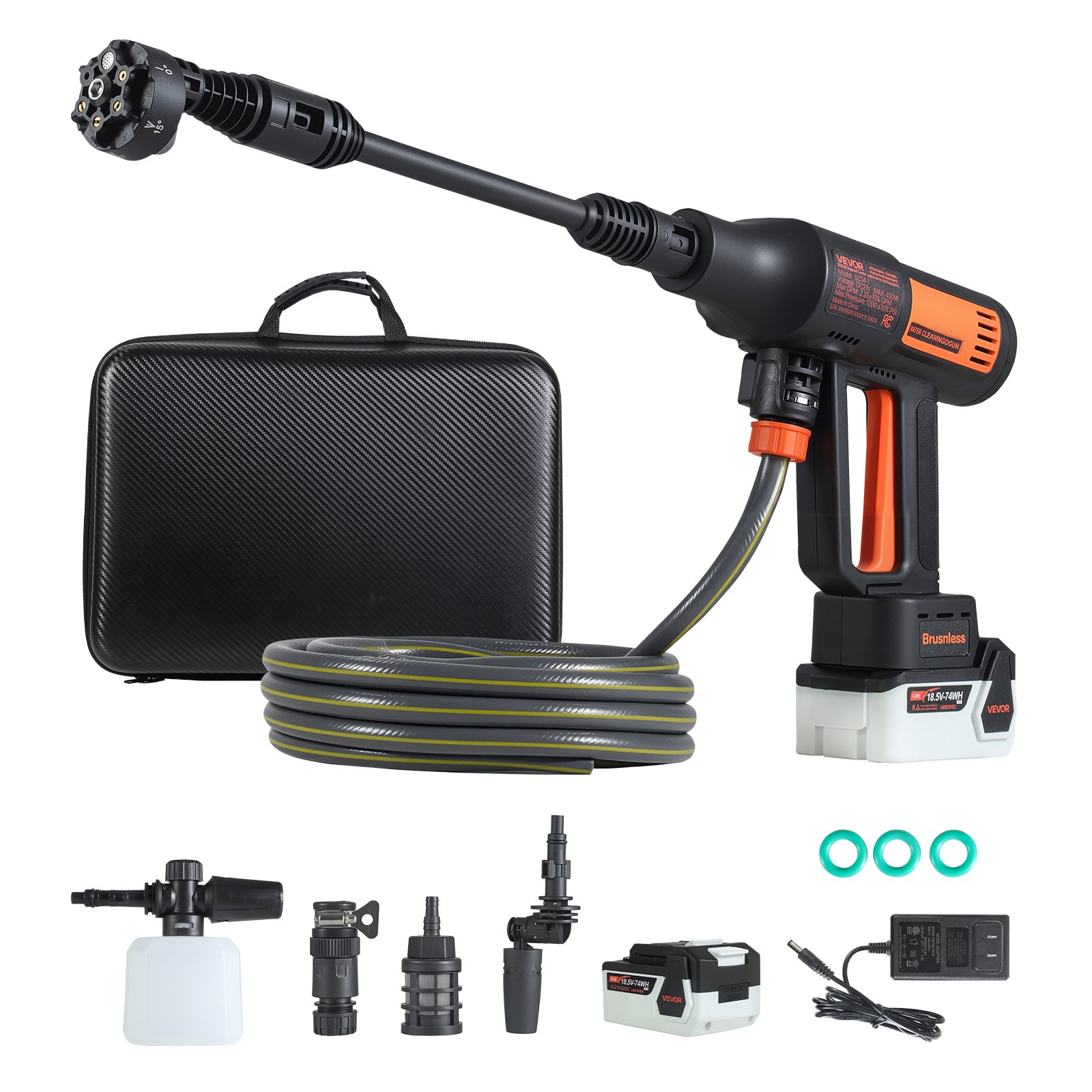 Hidrolavadora inalámbrica VEVOR, 1200 PSI MAX, portátil, con motor sin escobillas, doble batería, boquilla 6 en 1 y manguera de agua, 4 velocidades ajustables, limpiadora de mano para el hogar, jardín y patio.