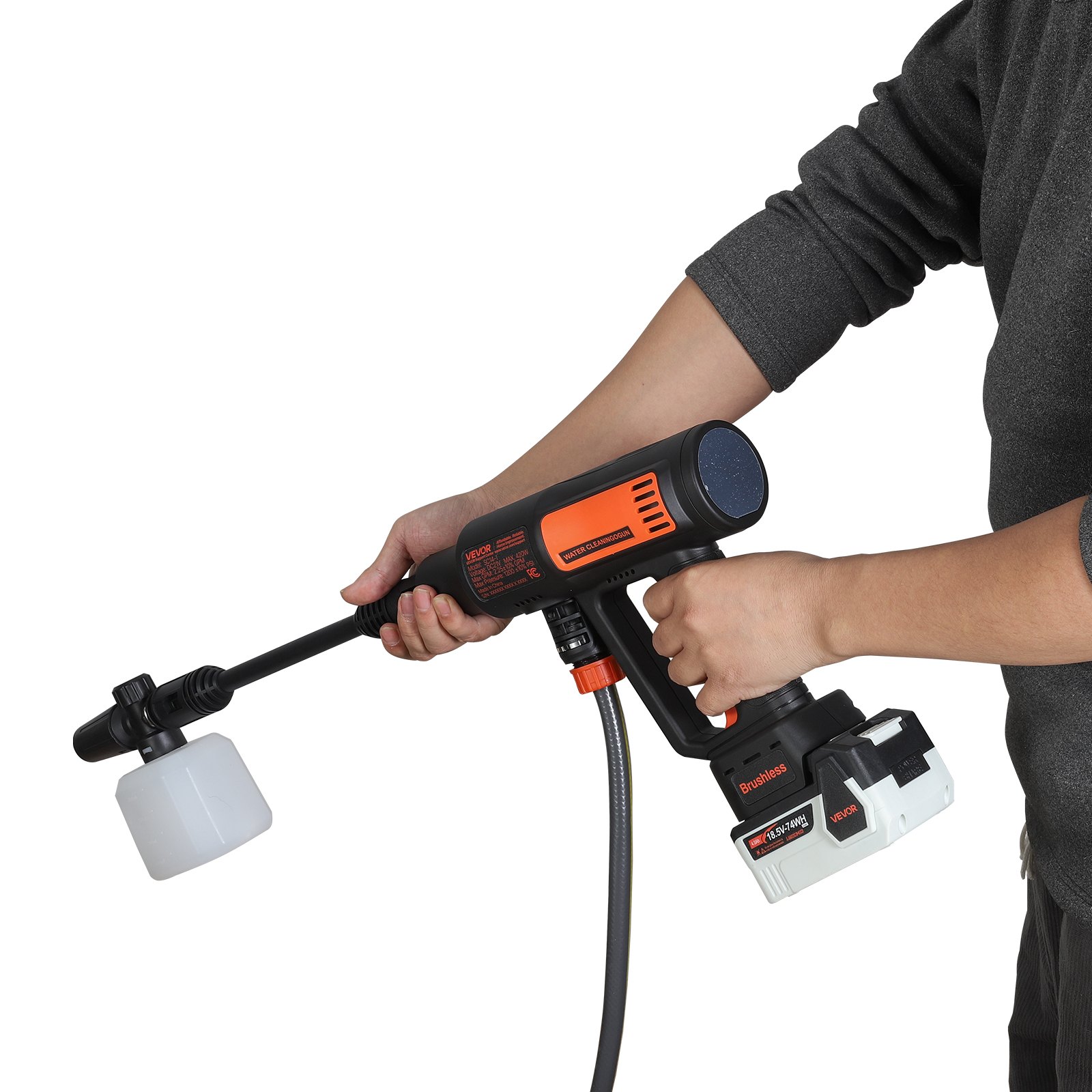 Hidrolavadora inalámbrica VEVOR, 1200 PSI MAX, portátil, con motor sin escobillas, doble batería, boquilla 6 en 1 y manguera de agua, 4 velocidades ajustables, limpiadora de mano para el hogar, jardín y patio.