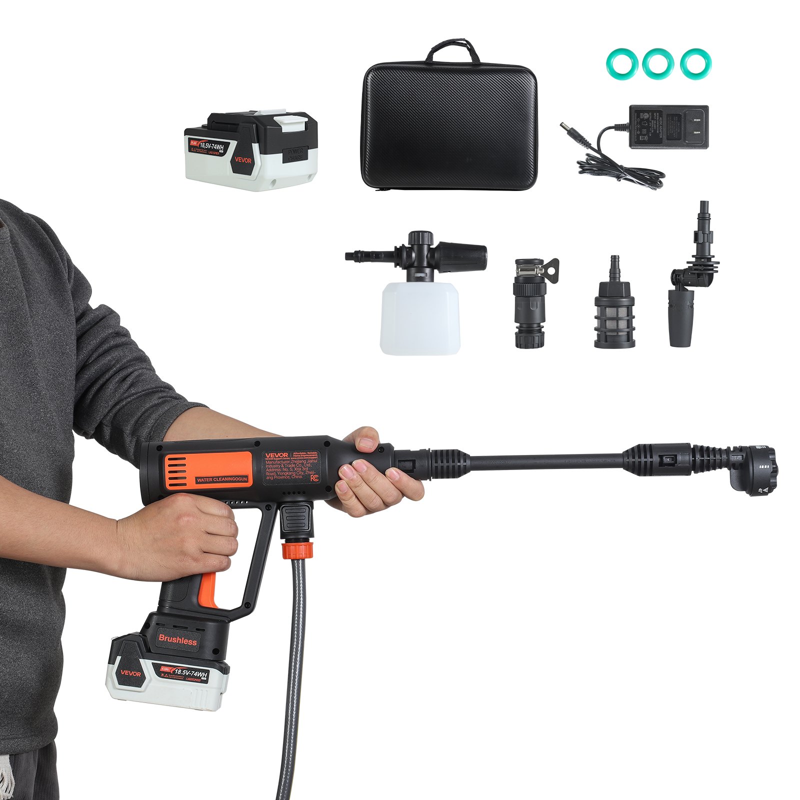 Hidrolavadora inalámbrica VEVOR, 1200 PSI MAX, portátil, con motor sin escobillas, doble batería, boquilla 6 en 1 y manguera de agua, 4 velocidades ajustables, limpiadora de mano para el hogar, jardín y patio.