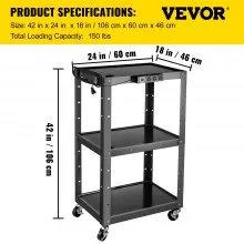 Carro AV de acero VEVOR, carro de medios de altura ajustable de 24-42 "con cable de alimentación eléctrica, carro de presentación de 24 x 32" con 3 estantes, carro de proyector rodante de 150 LBS con 2 frenos Adecuado para carga