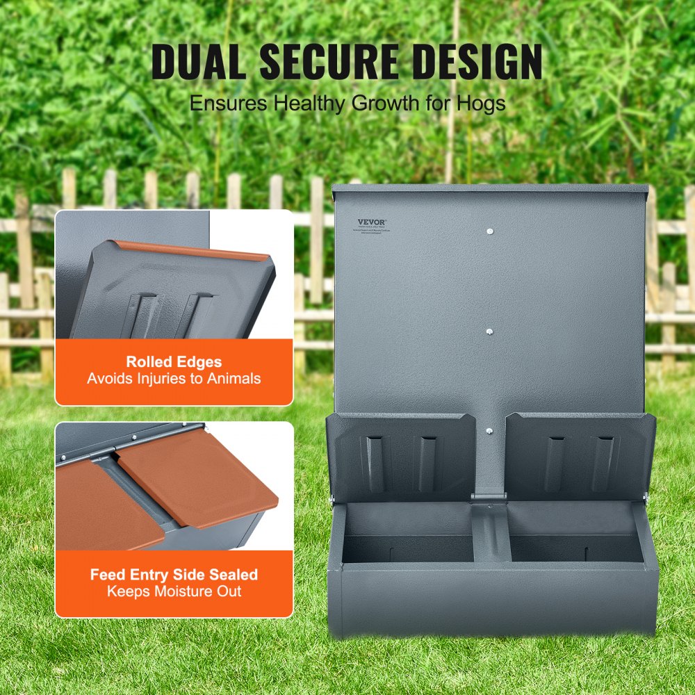 Comedero para cerdos VEVOR, capacidad de 3,7 bushels, doble puerta, de acero resistente, multiusos, para ganado al aire libre, accesorio para granjas, ideal para alimentar hasta 8 cerdos.