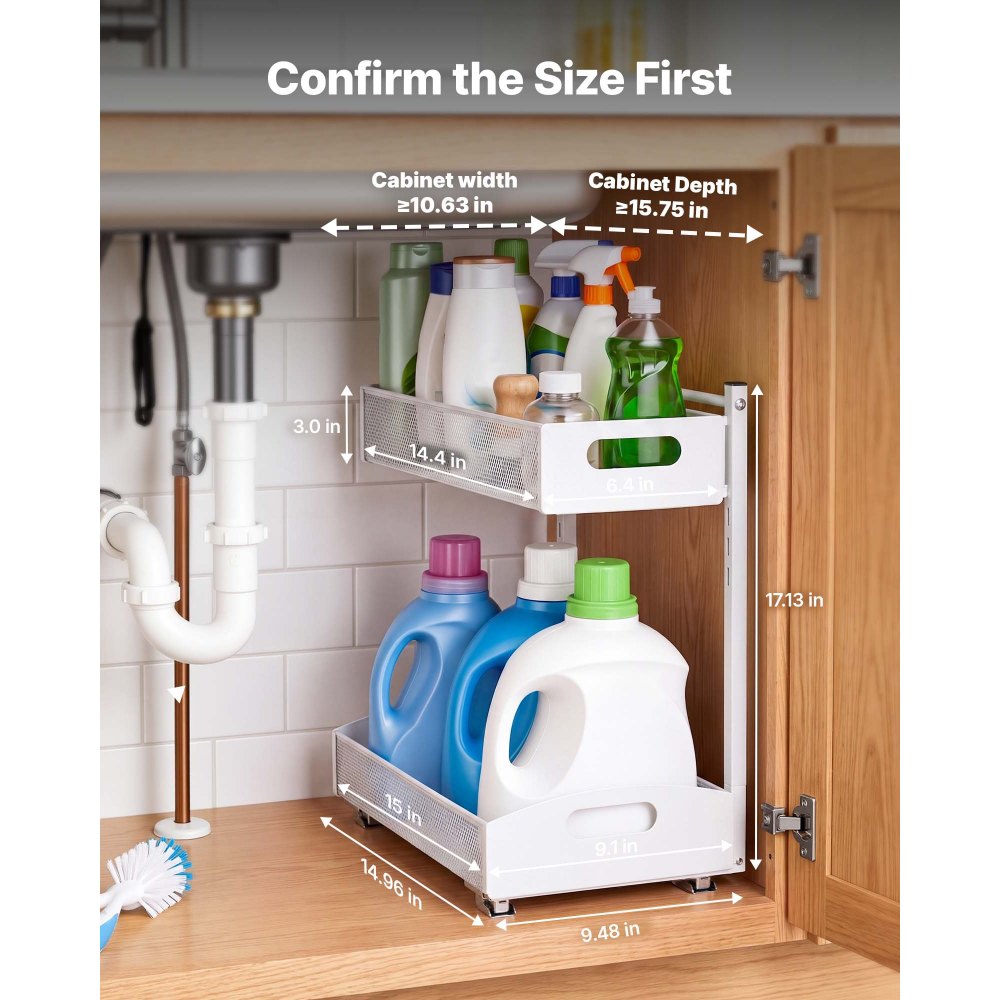 Organizador bajo fregadero VEVOR, paquete de 2 organizadores extraíbles de 2 niveles con ajuste de altura de 4 niveles, estante deslizante de metal, organizadores y almacenamiento multiusos para baño y cocina, blanco