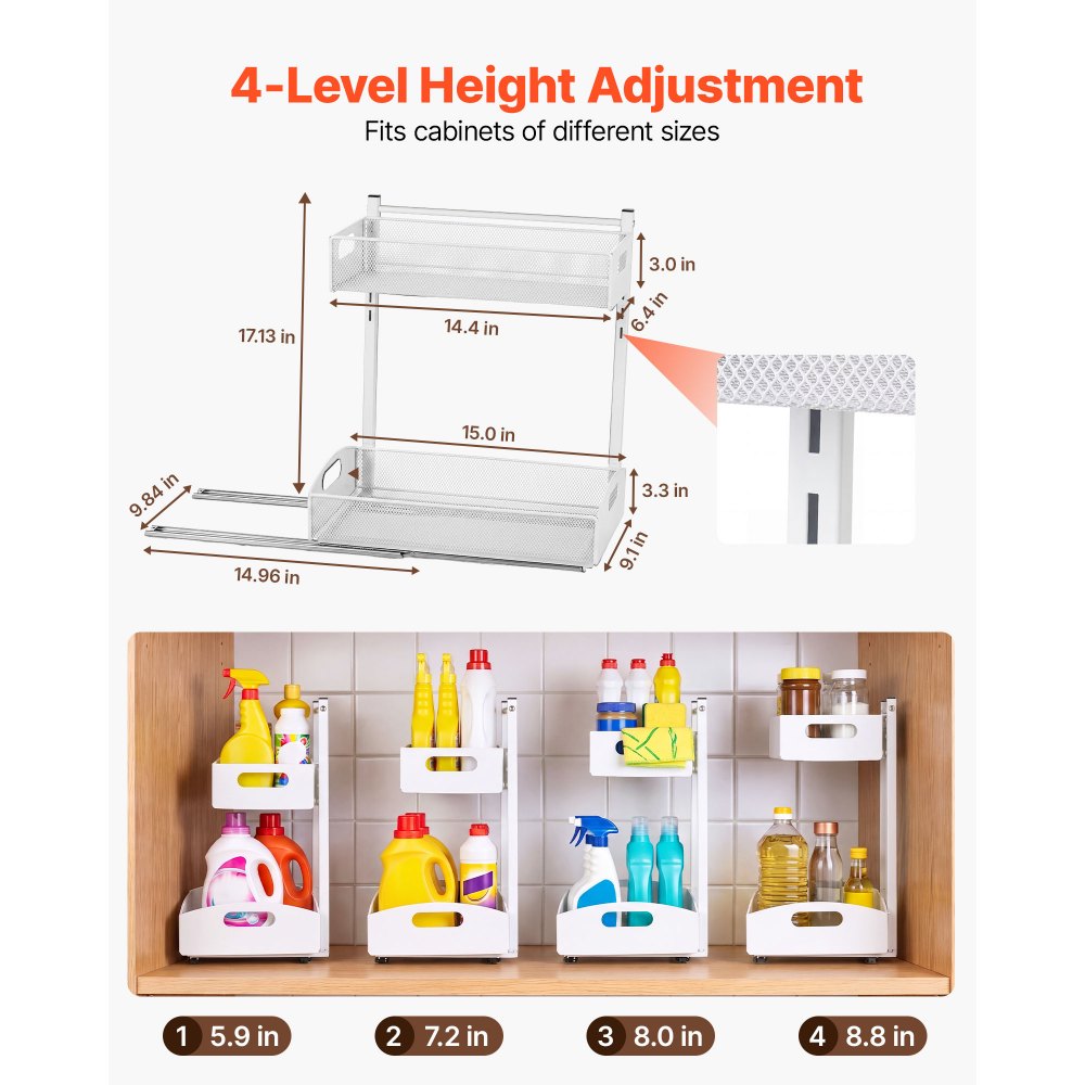 Organizador bajo fregadero VEVOR, paquete de 2 organizadores extraíbles de 2 niveles con ajuste de altura de 4 niveles, estante deslizante de metal, organizadores y almacenamiento multiusos para baño y cocina, blanco