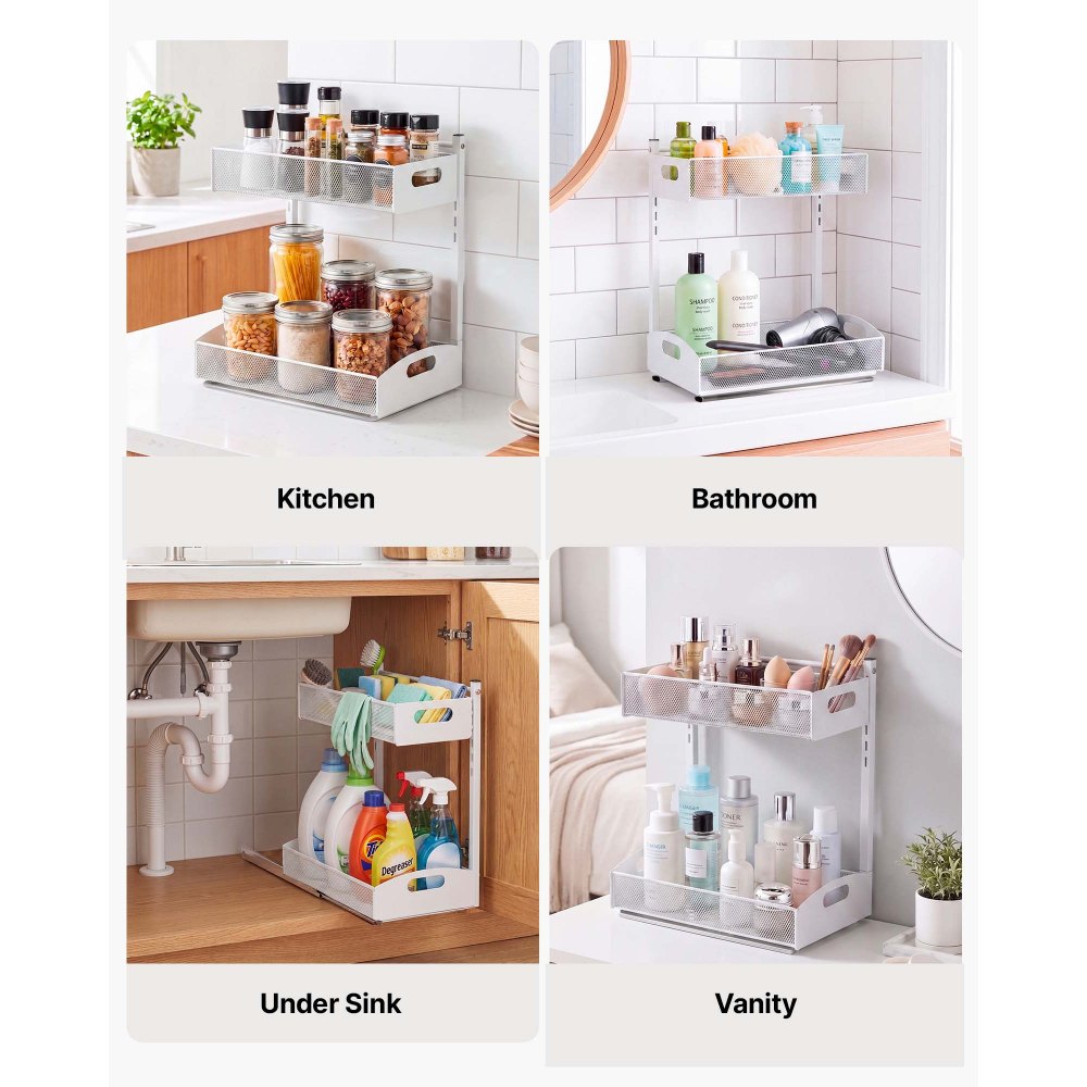Organizador bajo fregadero VEVOR, paquete de 2 organizadores extraíbles de 2 niveles con ajuste de altura de 4 niveles, estante deslizante de metal, organizadores y almacenamiento multiusos para baño y cocina, blanco