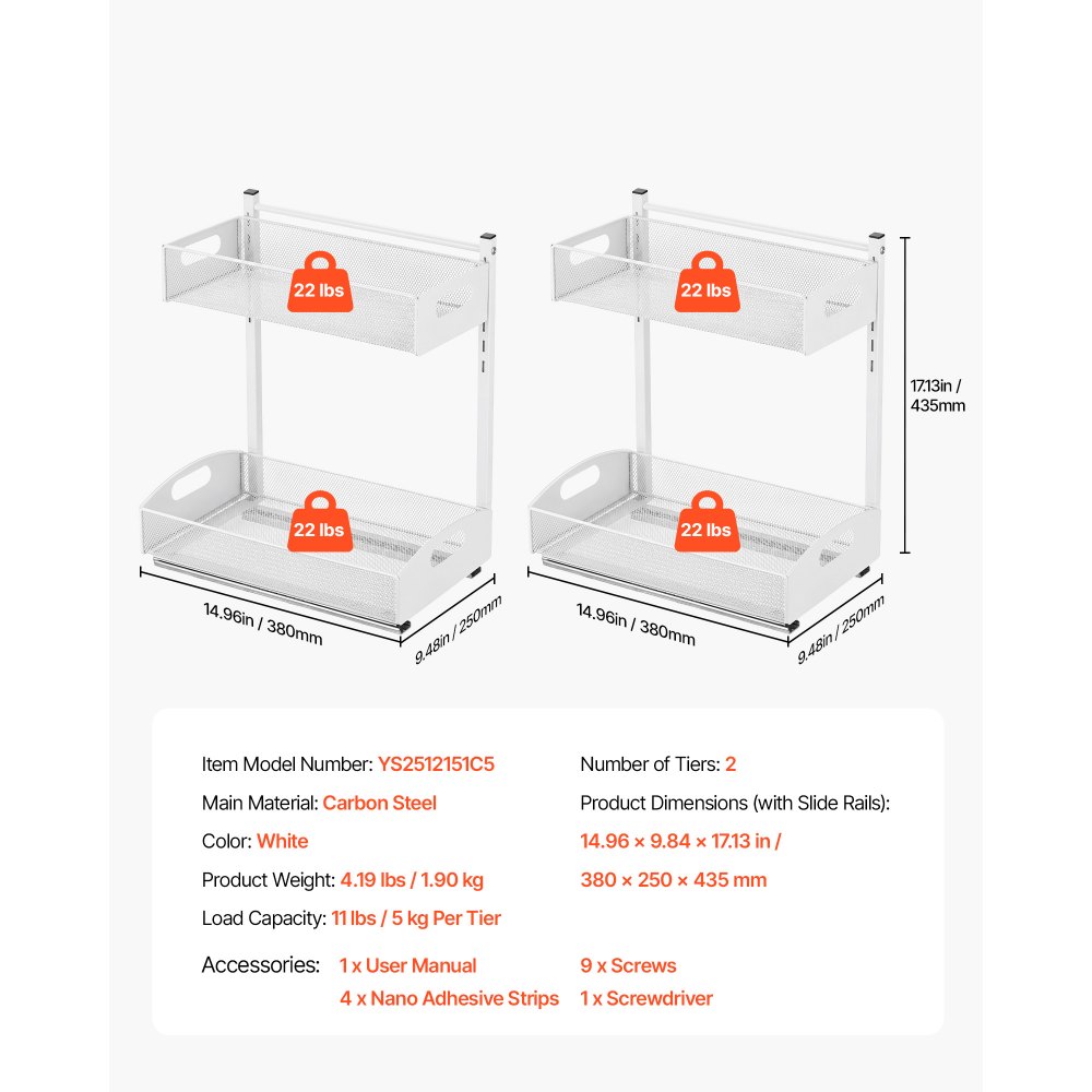 Organizador bajo fregadero VEVOR, paquete de 2 organizadores extraíbles de 2 niveles con ajuste de altura de 4 niveles, estante deslizante de metal, organizadores y almacenamiento multiusos para baño y cocina, blanco