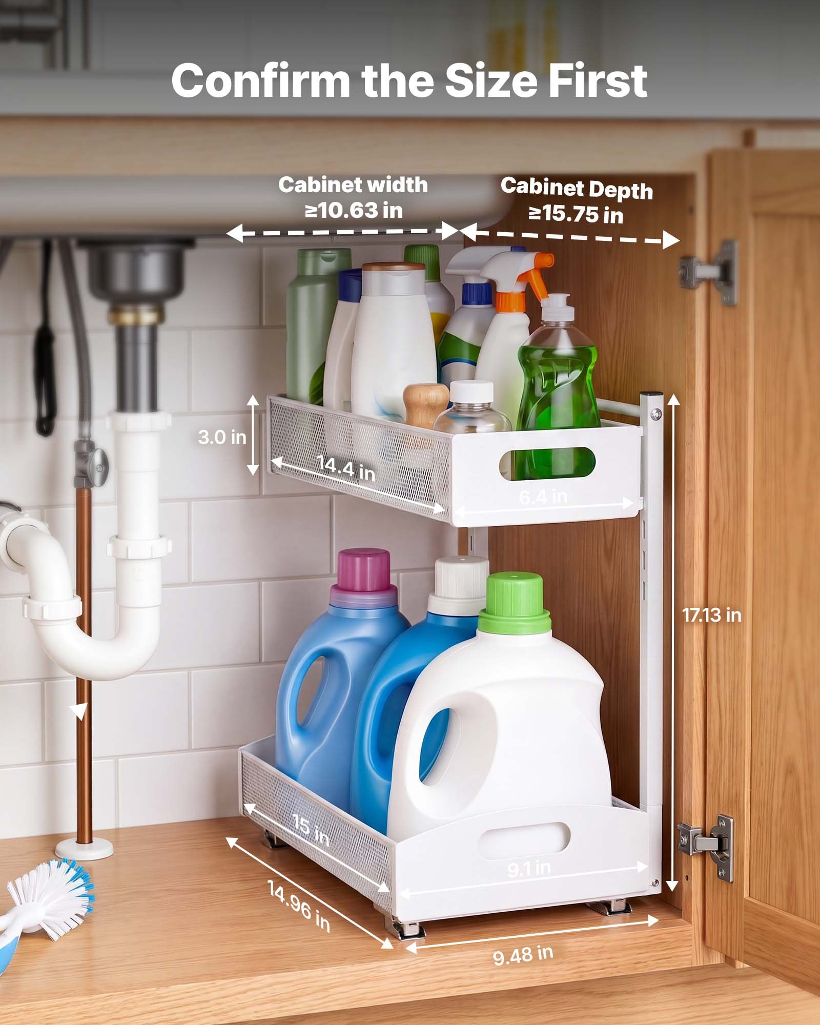 Organizador bajo fregadero VEVOR, paquete de 2 organizadores extraíbles de 2 niveles con ajuste de altura de 4 niveles, estante deslizante de metal, organizadores y almacenamiento multiusos para baño y cocina, blanco