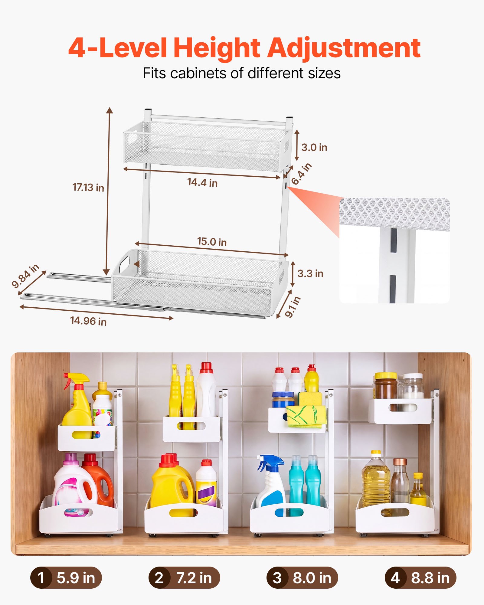 Organizador bajo fregadero VEVOR, paquete de 2 organizadores extraíbles de 2 niveles con ajuste de altura de 4 niveles, estante deslizante de metal, organizadores y almacenamiento multiusos para baño y cocina, blanco