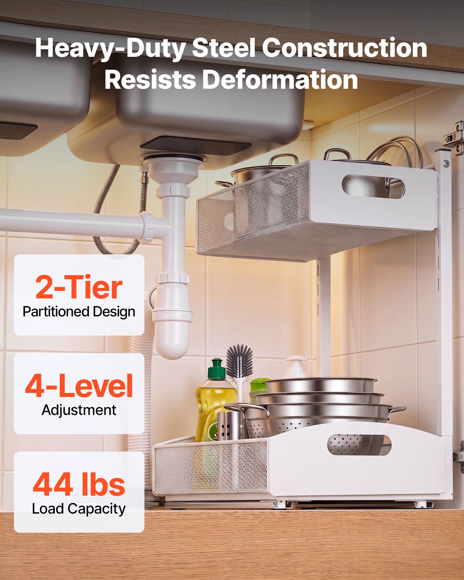 Organizador bajo fregadero VEVOR, paquete de 2 organizadores extraíbles de 2 niveles con ajuste de altura de 4 niveles, estante deslizante de metal, organizadores y almacenamiento multiusos para baño y cocina, blanco