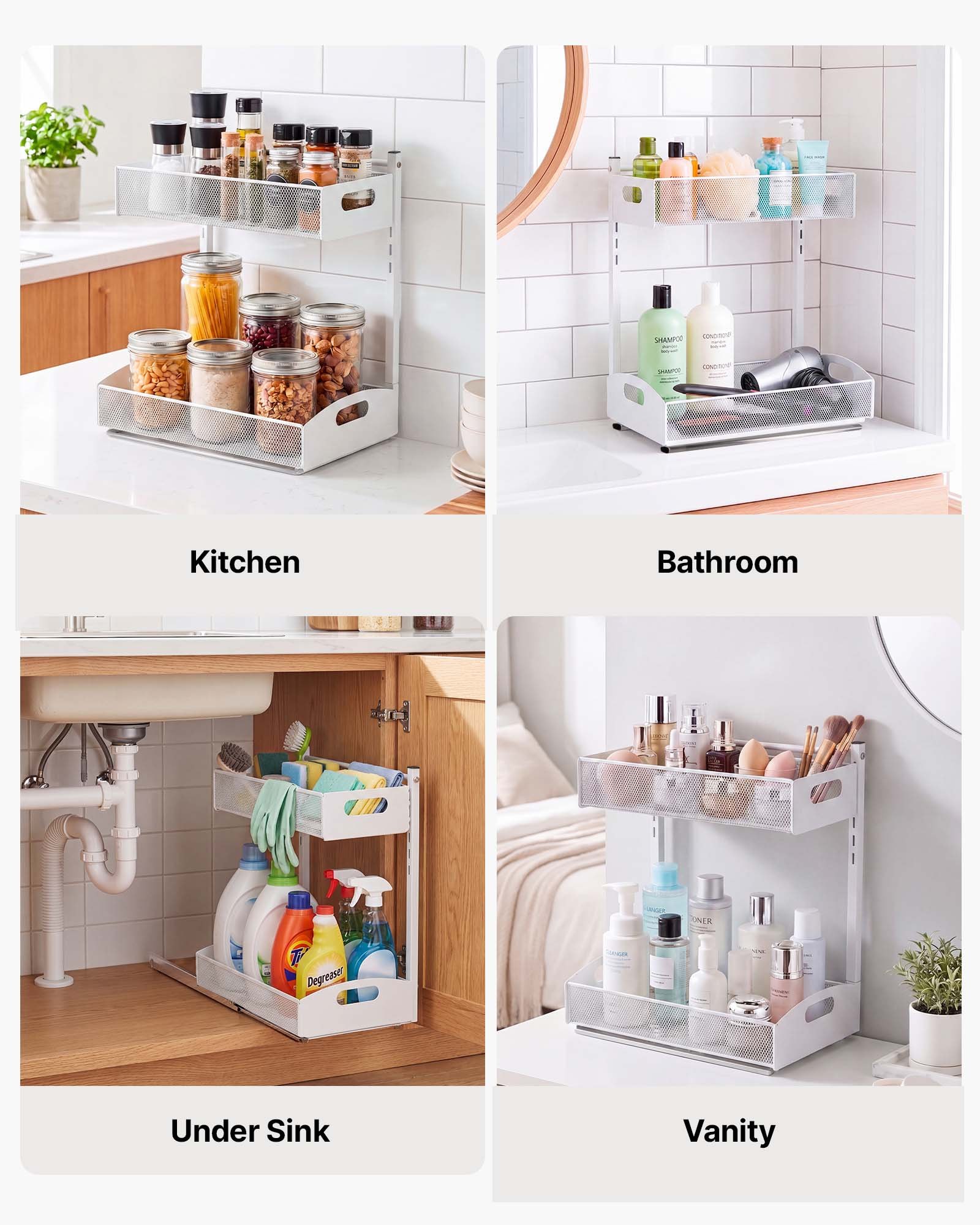 Organizador bajo fregadero VEVOR, paquete de 2 organizadores extraíbles de 2 niveles con ajuste de altura de 4 niveles, estante deslizante de metal, organizadores y almacenamiento multiusos para baño y cocina, blanco
