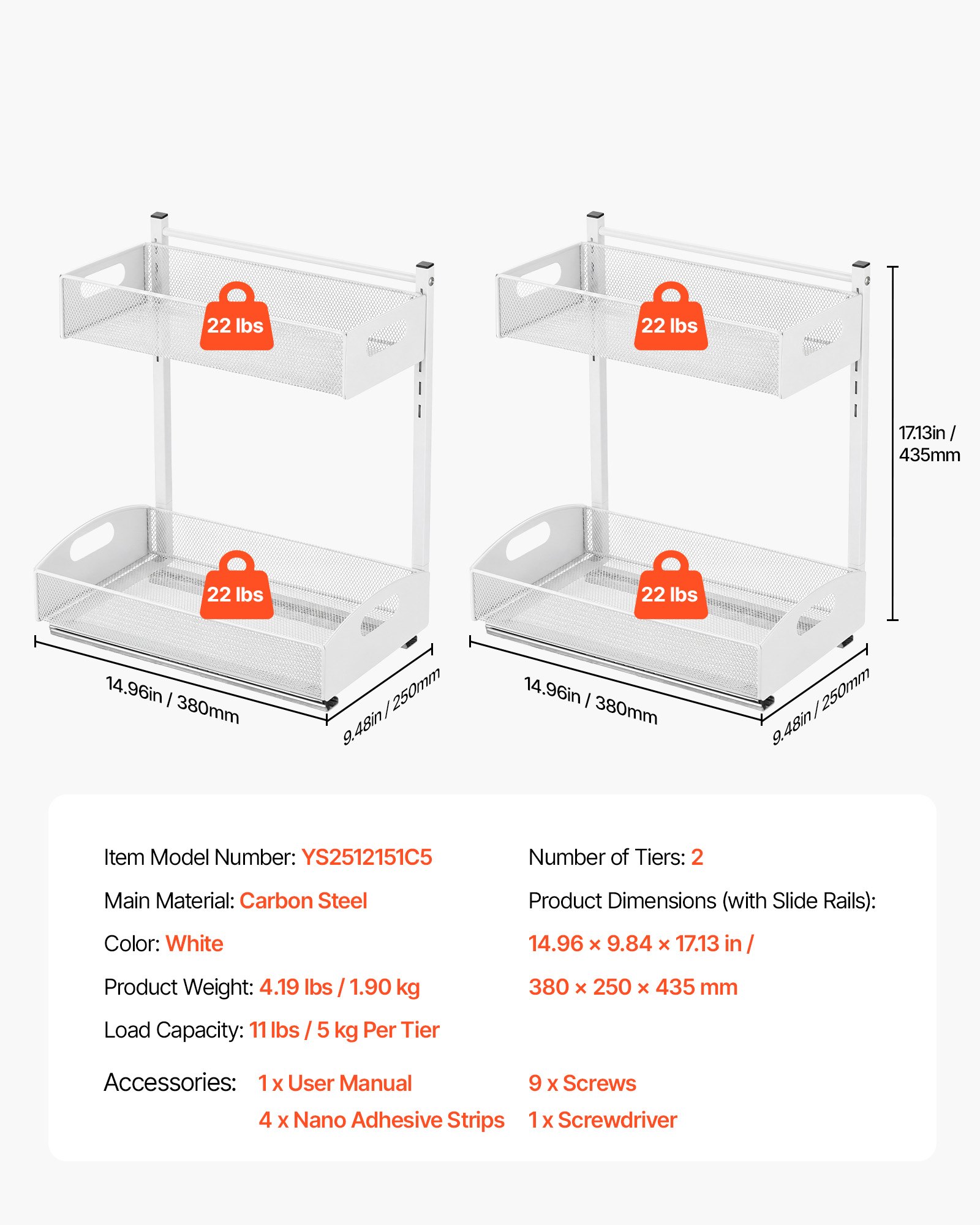 Organizador bajo fregadero VEVOR, paquete de 2 organizadores extraíbles de 2 niveles con ajuste de altura de 4 niveles, estante deslizante de metal, organizadores y almacenamiento multiusos para baño y cocina, blanco