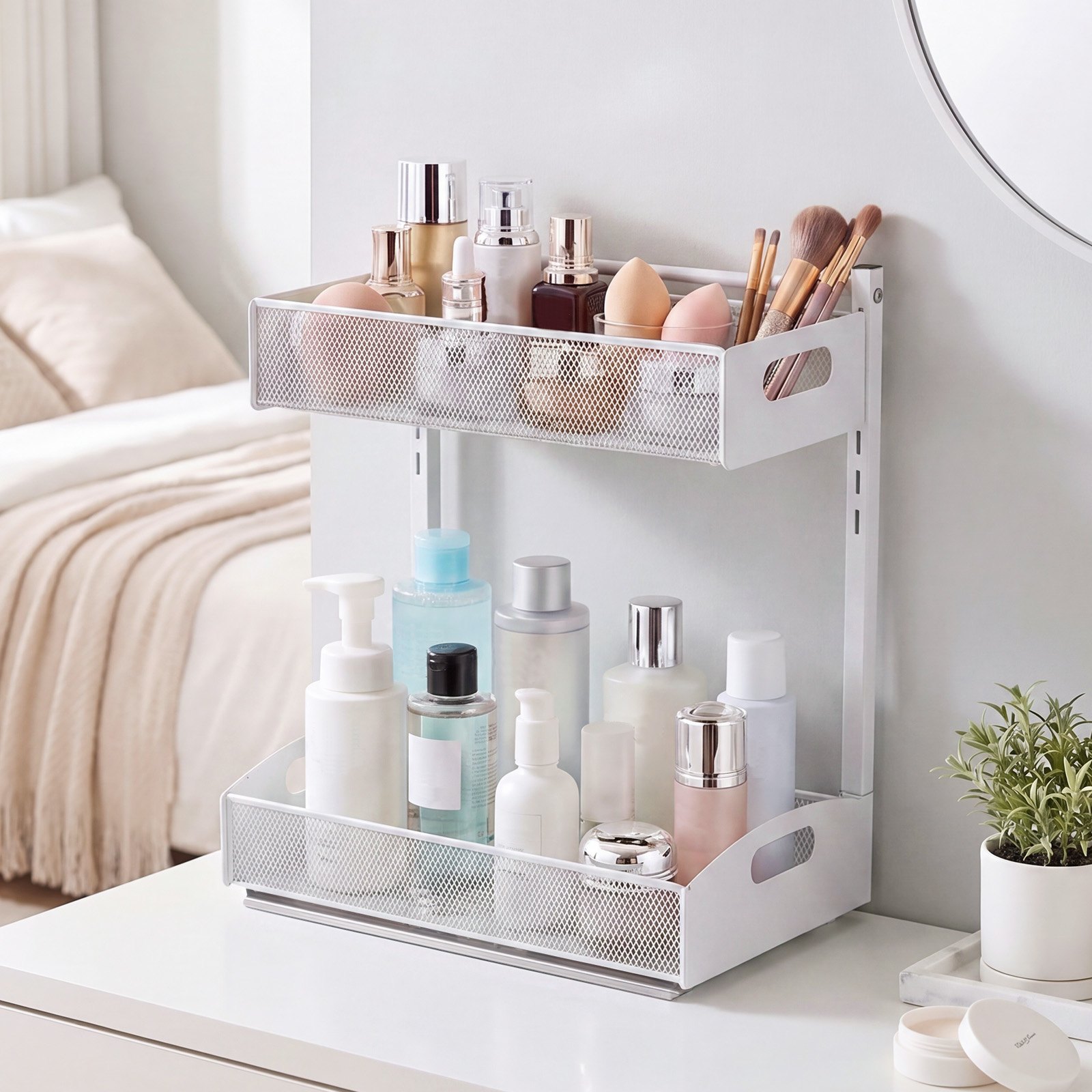 Organizador bajo fregadero VEVOR, paquete de 2 organizadores extraíbles de 2 niveles con ajuste de altura de 4 niveles, estante deslizante de metal, organizadores y almacenamiento multiusos para baño y cocina, blanco