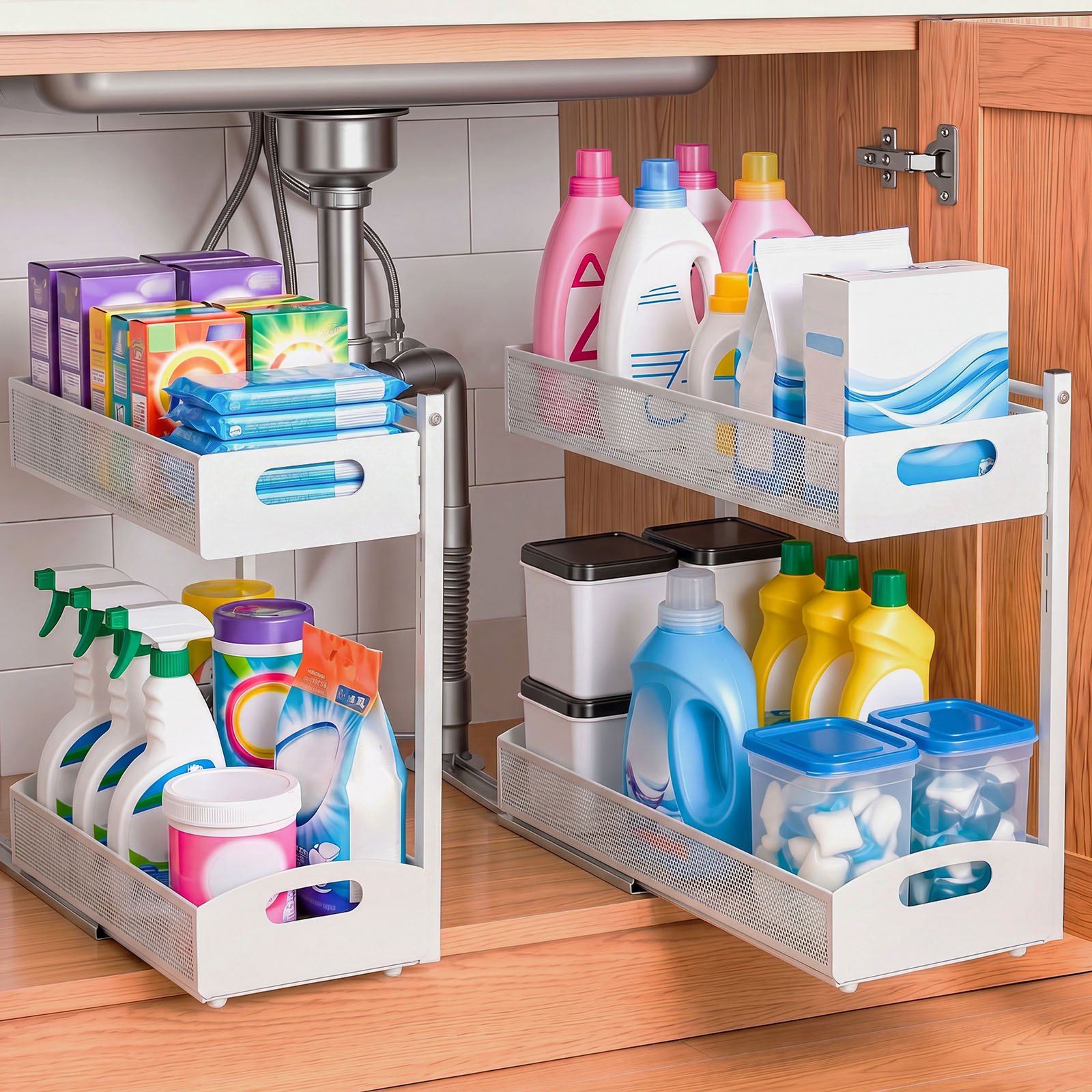 Organizador bajo fregadero VEVOR, paquete de 2 organizadores extraíbles de 2 niveles con ajuste de altura de 4 niveles, estante deslizante de metal, organizadores y almacenamiento multiusos para baño y cocina, blanco