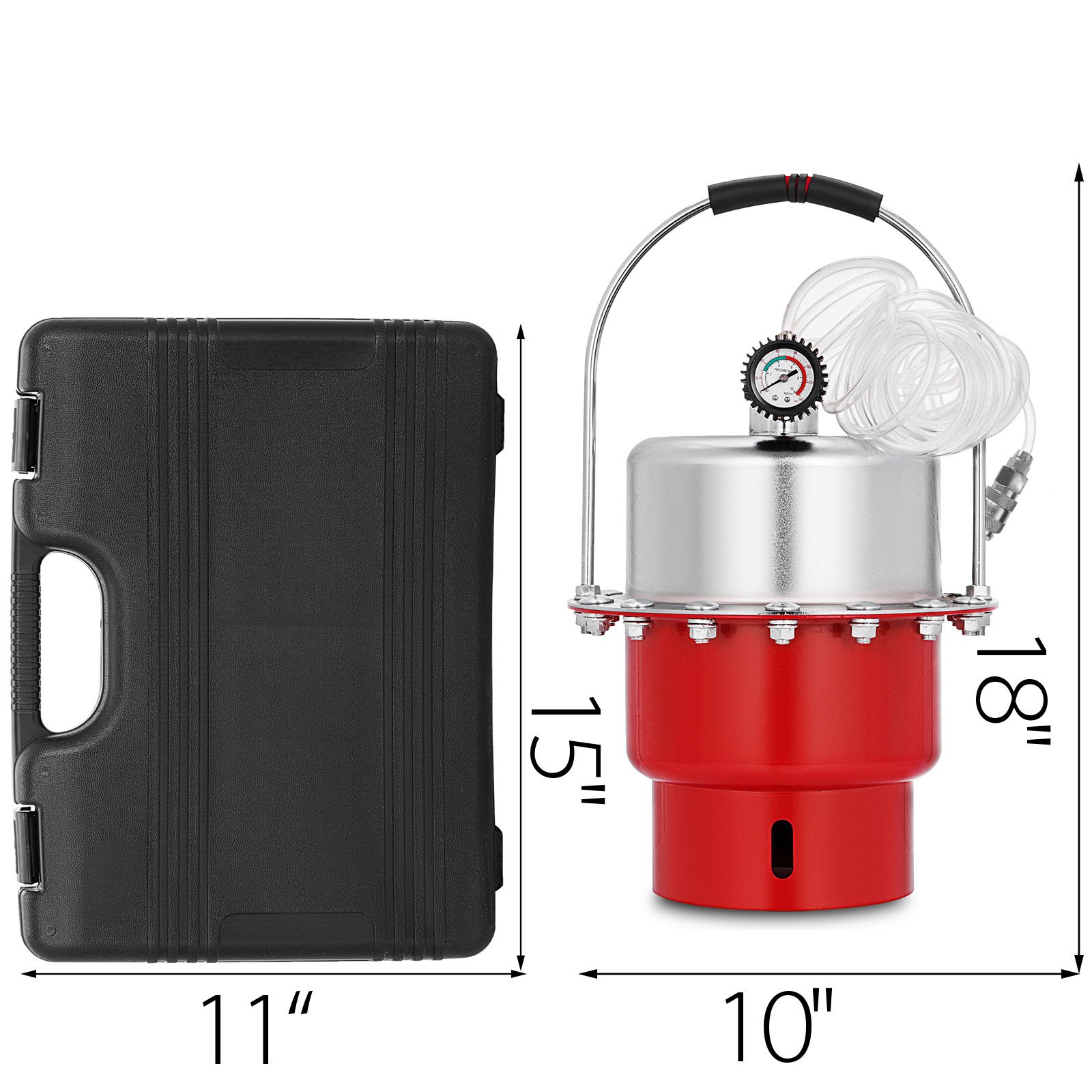 Kit de herramientas para purga de frenos VEVOR con calibre, dimensiones 15&quot; x 10&quot;, estuche negro.