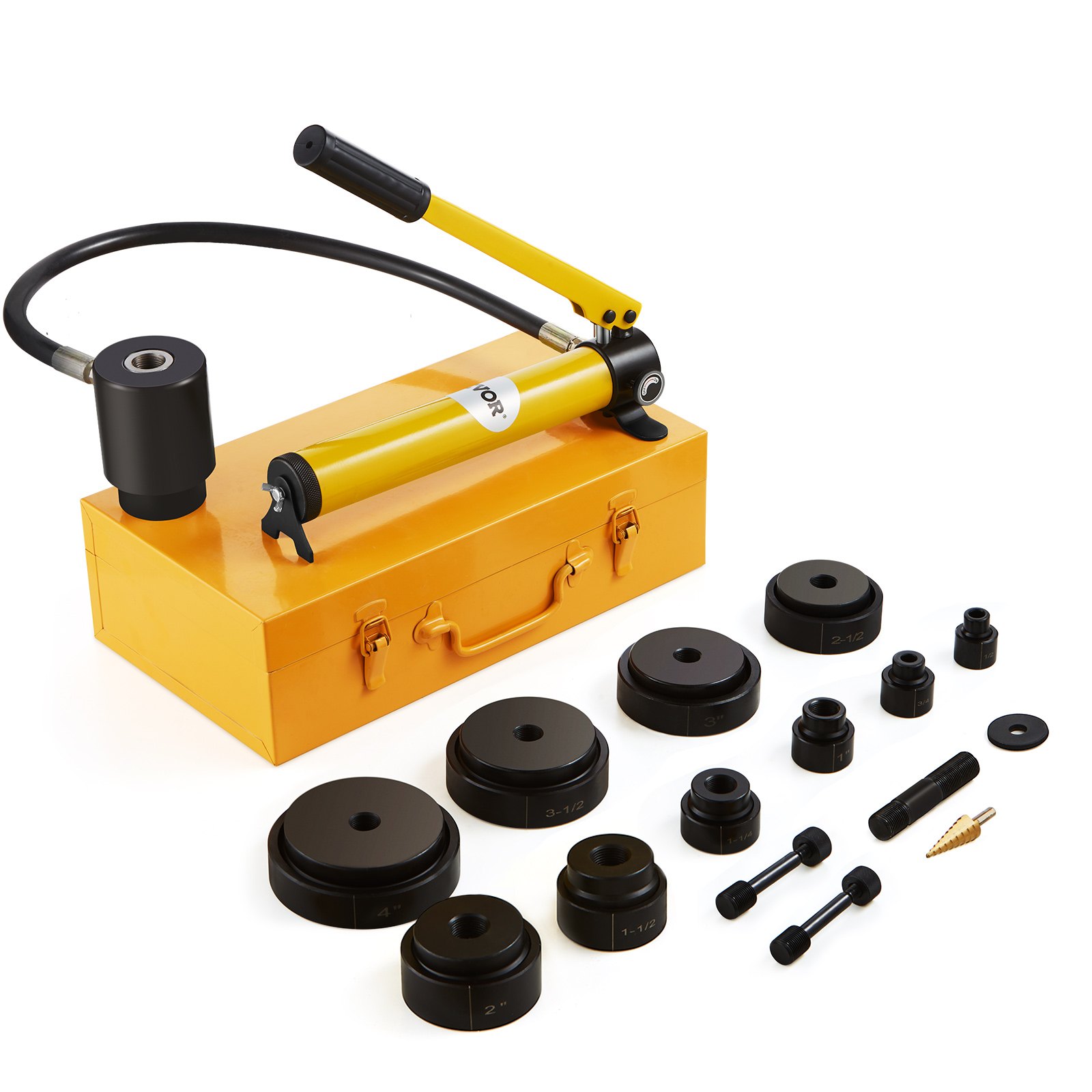 Kit de punzón hidráulico VEVOR con bomba hidráulica amarilla, matrices de punzón negras y caja naranja.