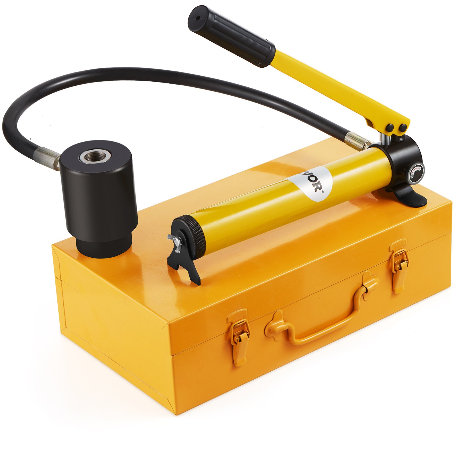 Kit de punzón hidráulico VEVOR amarillo con componentes negros en una caja de herramientas amarilla a juego.