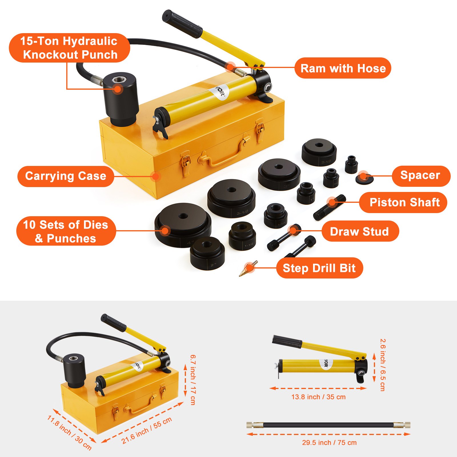 VEVOR 15 Ton Hidráulico Knockout Punch Driver Kit Hole Tool 1/2"-4" con 10 troqueles