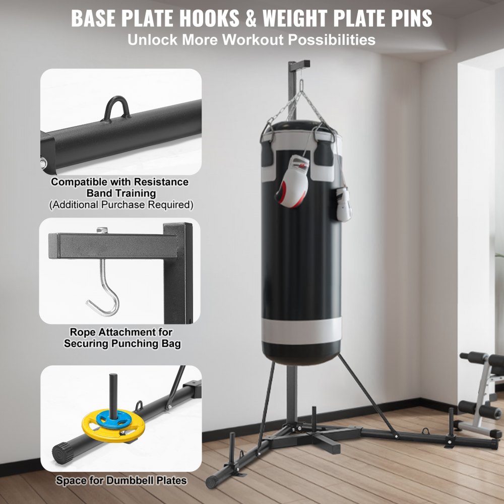 Soporte para saco de boxeo VEVOR con ganchos para bandas de resistencia, fijación de cuerda y espacio para discos de mancuernas.