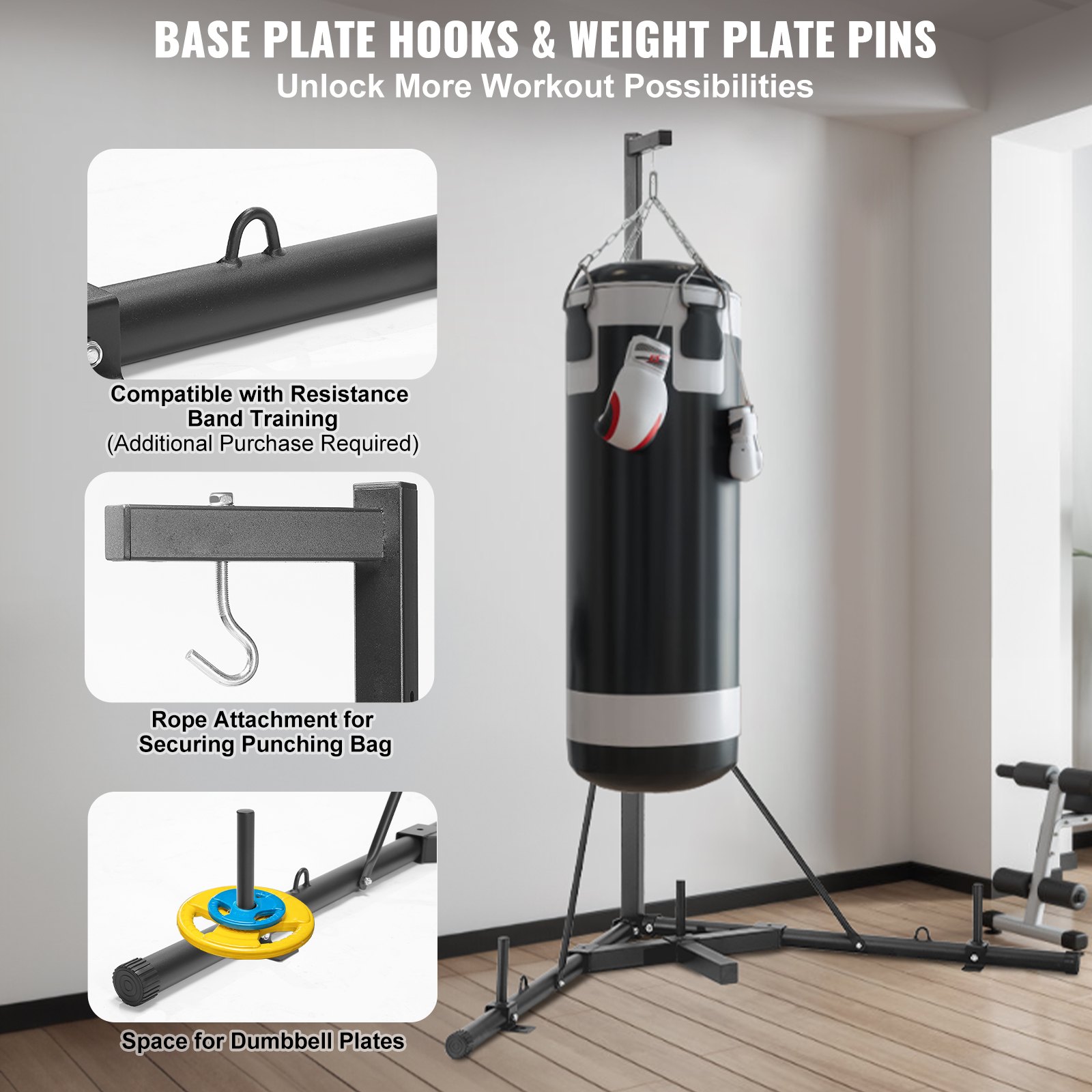 Soporte para saco de boxeo VEVOR con ganchos para bandas de resistencia, fijación de cuerda y espacio para discos de mancuernas.