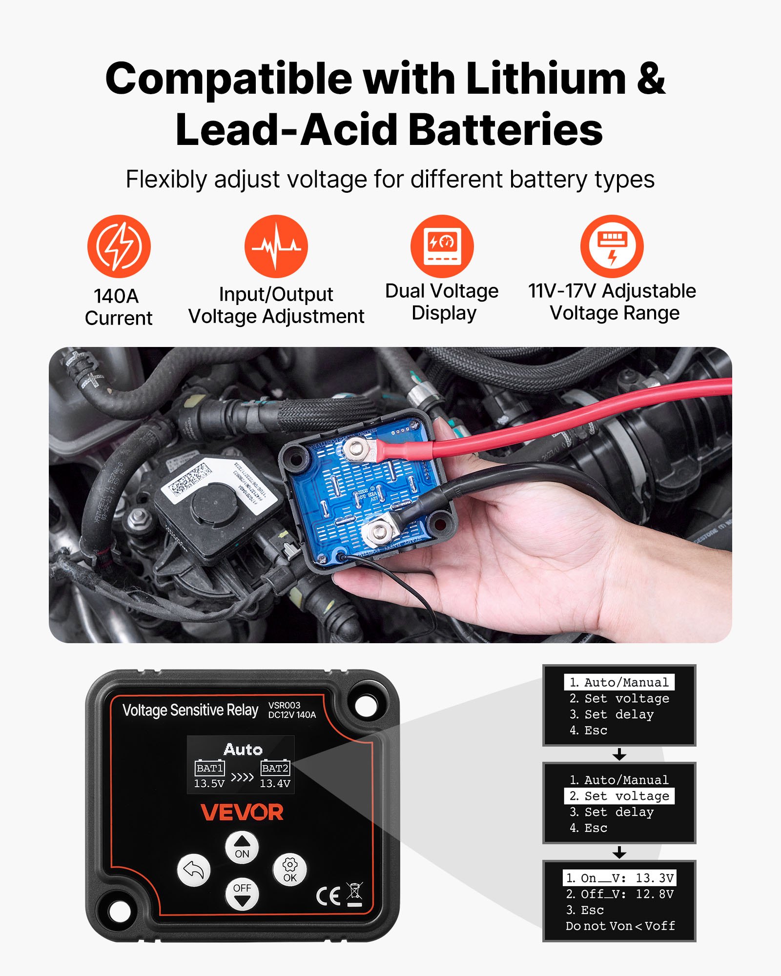 Aislador de batería dual VEVOR, 12 V, 140 A, relé VSR manual y automático sensible al voltaje con pantalla LCD, aislador de batería inteligente para baterías de litio y plomo-ácido, para coche, camión, autocaravana, UTV, ATV, barco
