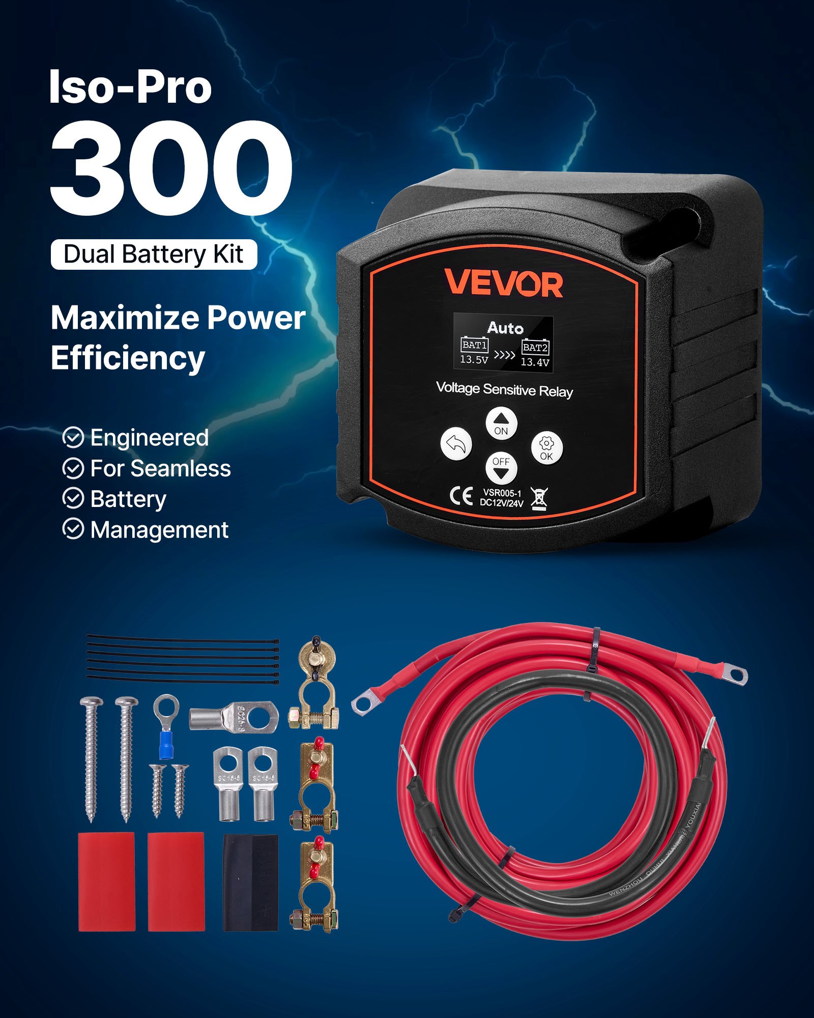 Kit aislador de doble batería VEVOR, 12 V 300 amperios, 6 m (20 pies), 2 AWG, relé sensible al voltaje VSR manual y automático con voltímetro, pantalla LCD, aislador de batería inteligente, compatible con baterías de litio, para UTV