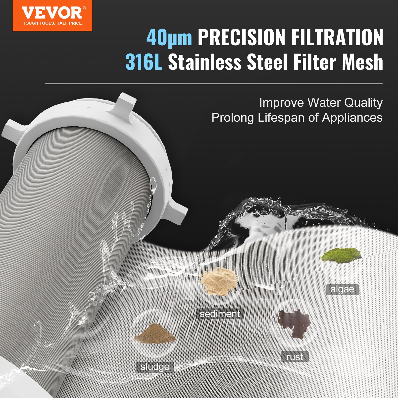 Filtro de sedimentos para toda la casa VEVOR con filtración de precisión de 40 μm y malla de acero inoxidable 316l.