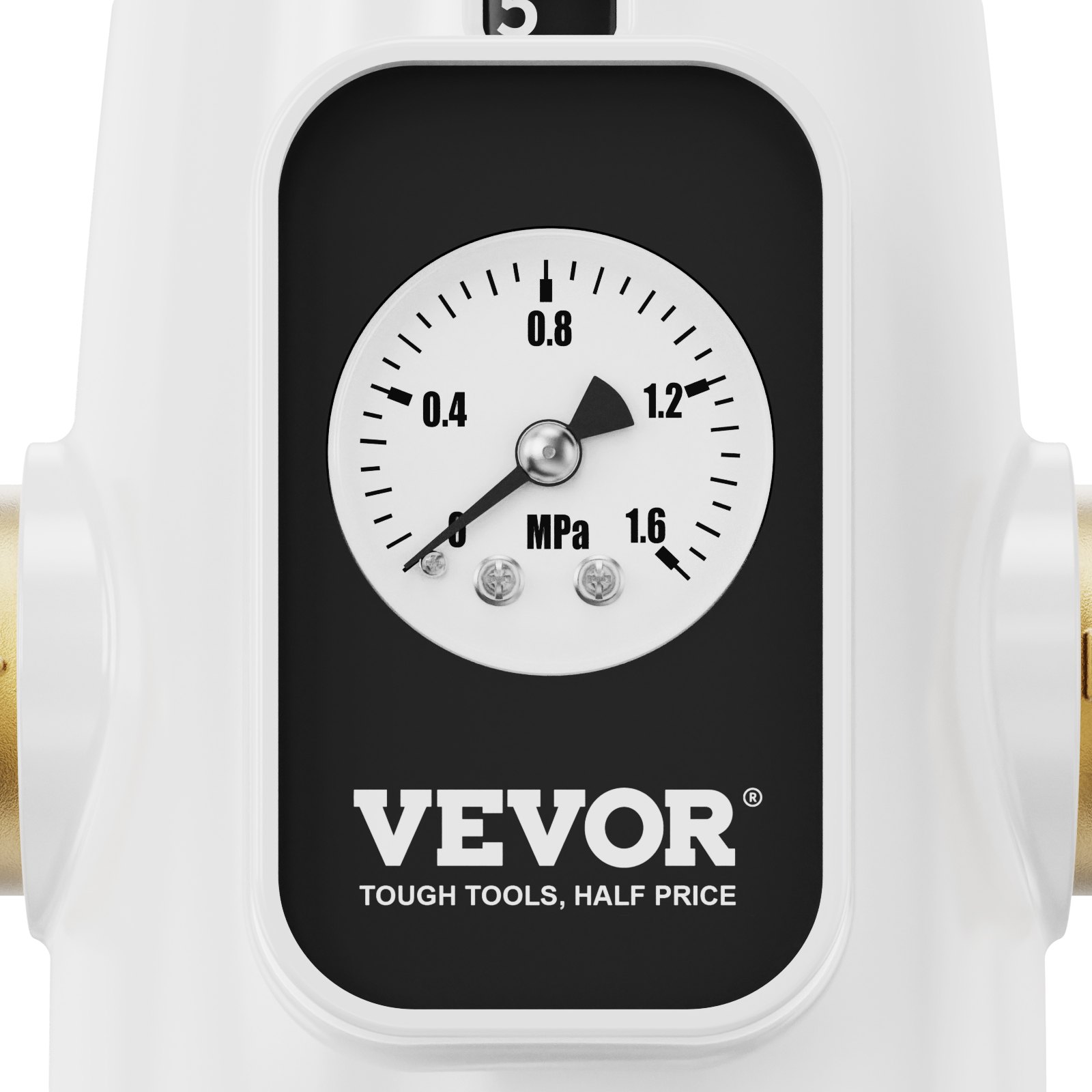 Filtro de sedimentos para toda la casa VEVOR con manómetro que muestra lecturas de 0,0 a 1,6 mpa.