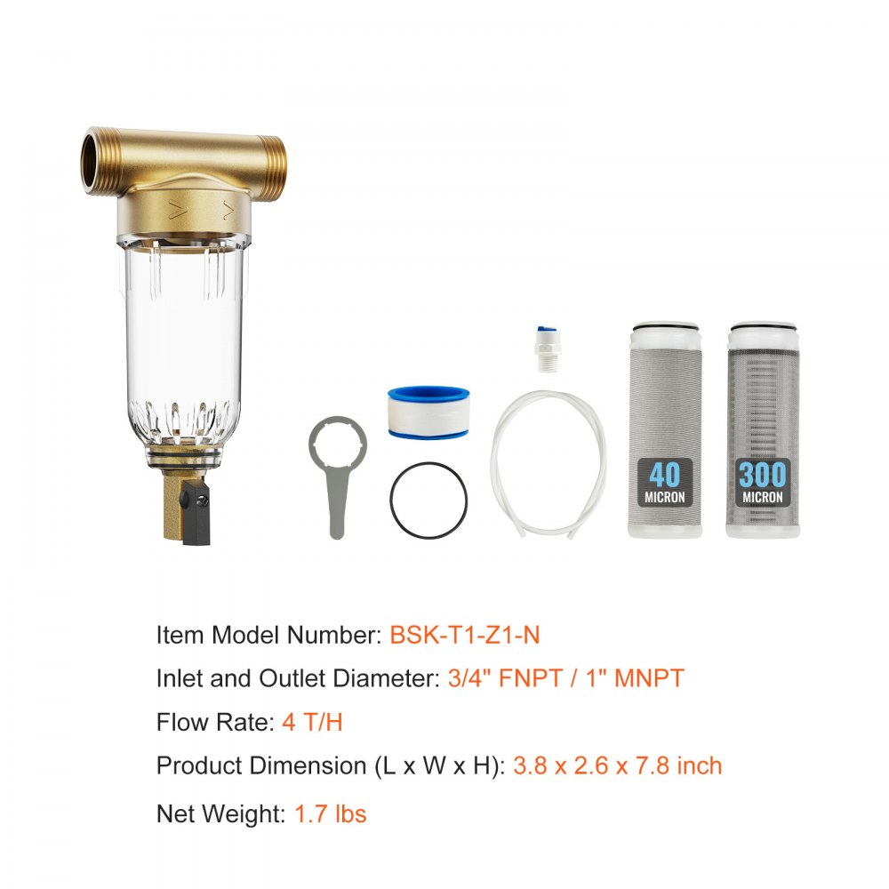 Filtro giratorio VEVOR, filtración fina de 40 micrones + 30 micrones, filtro de sedimentos para agua de pozo, 3/4" FNPT + 1" MNPT, alto caudal de 4 t/h, para sistemas de filtración de agua para toda la casa.