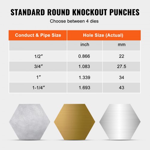 VEVOR Hidráulico Knockout Punch Driver Kit Hole Tool 4 Die 1/2", 3/4", 1", 1-1/4