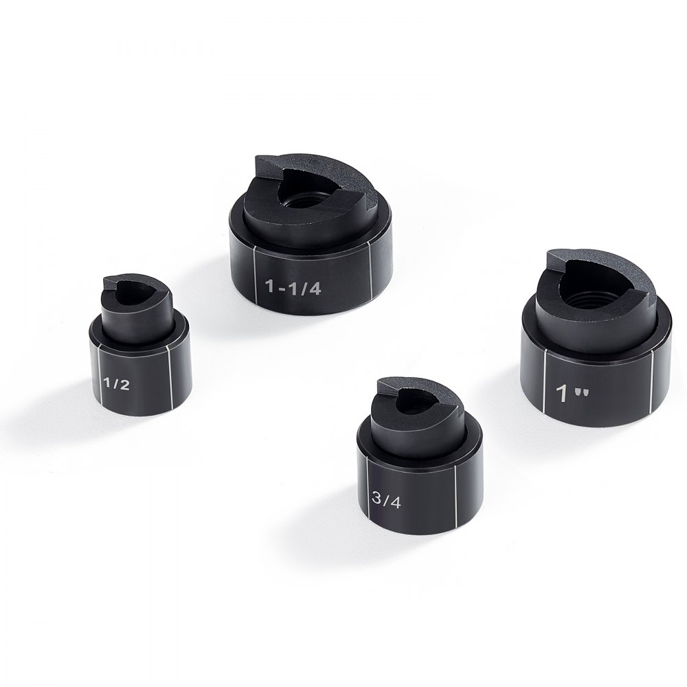 Kit de punzón hidráulico VEVOR en varios tamaños: punzones negros de 1-1/4, 1, 3/4 y 1/2 pulgada.