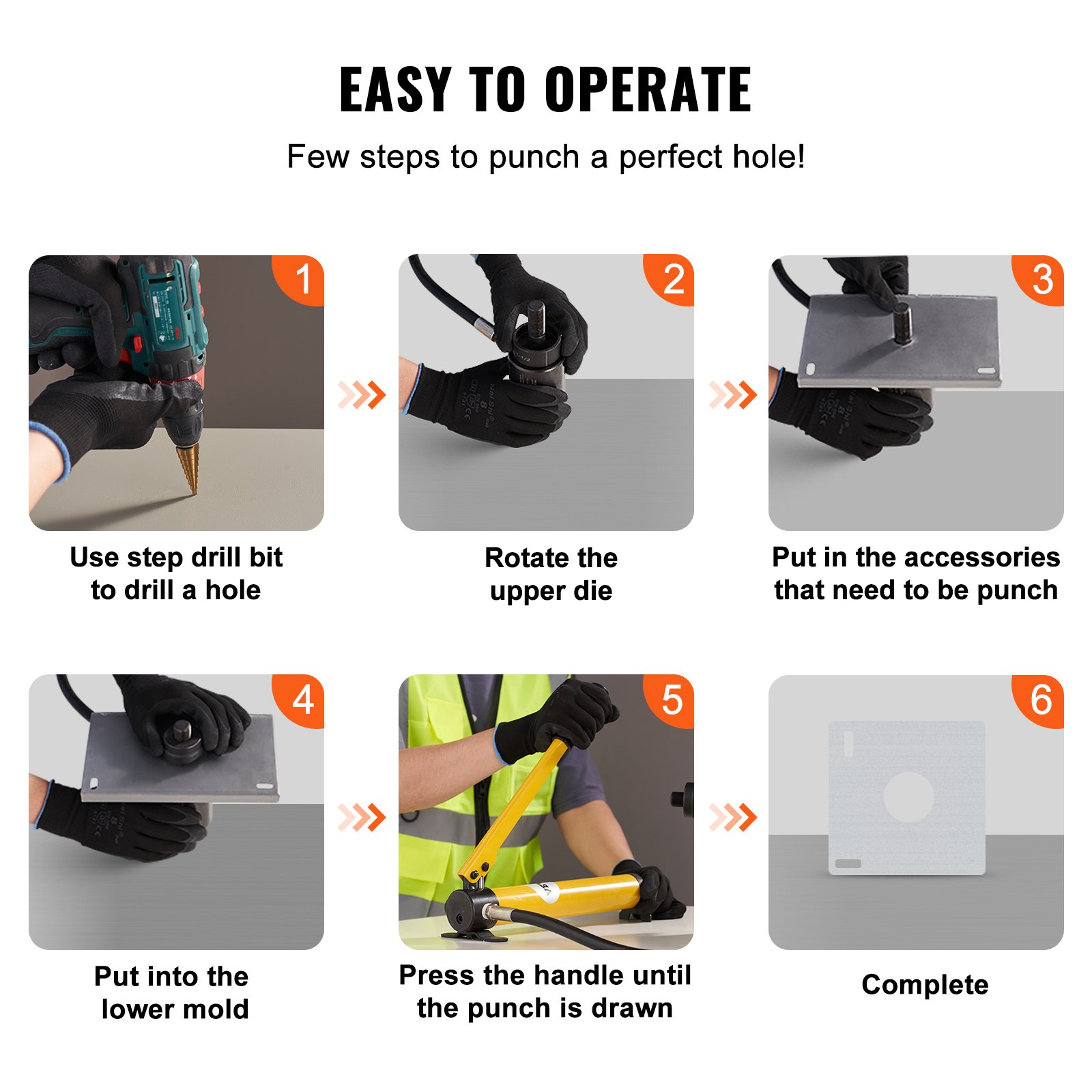 Pasos sencillos para utilizar el kit de punzón hidráulico VEVOR: taladrar un orificio, girar la matriz, perforar, presionar y completar.