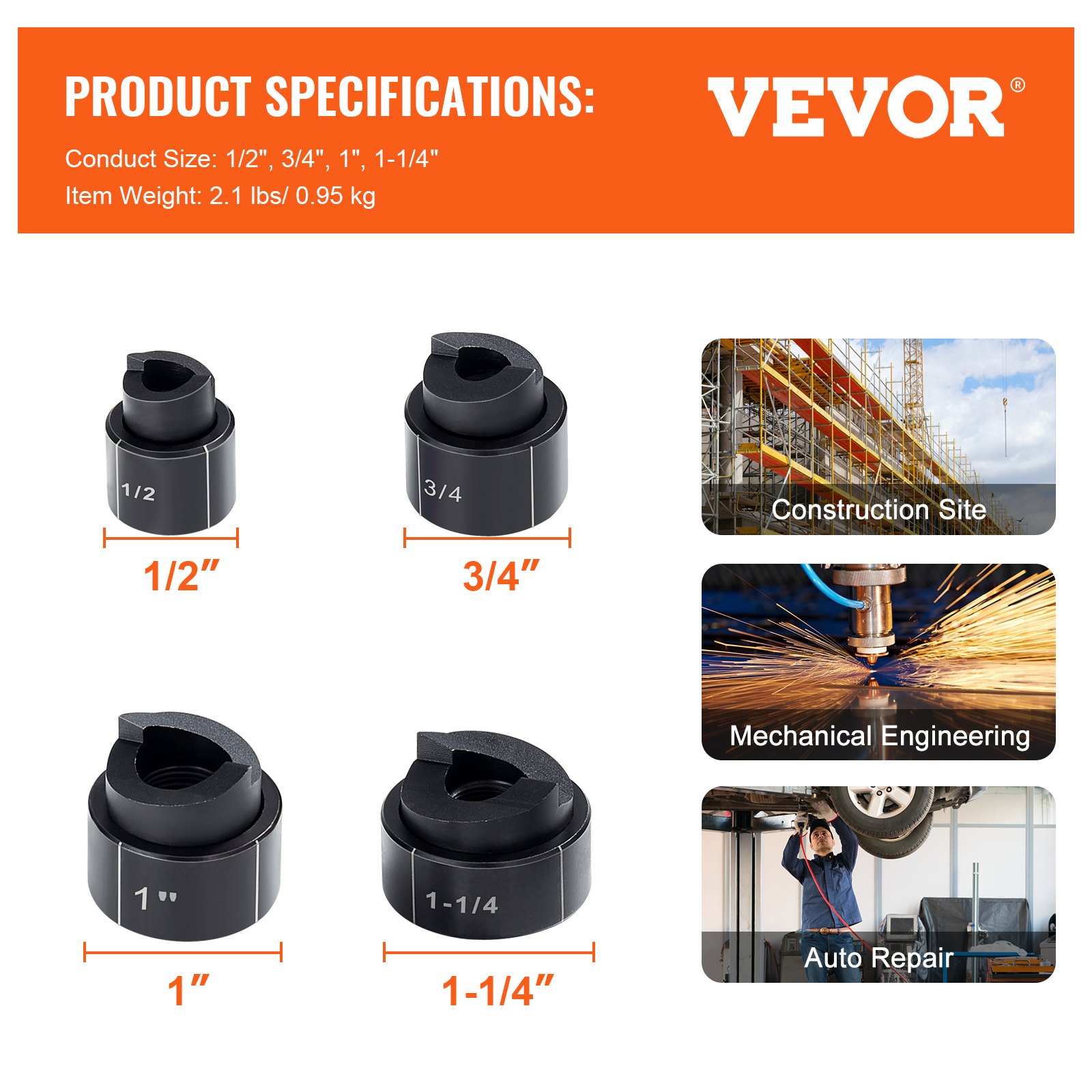 Especificaciones y aplicaciones del kit de punzón hidráulico VEVOR: construcción, ingeniería mecánica, reparación de automóviles.
