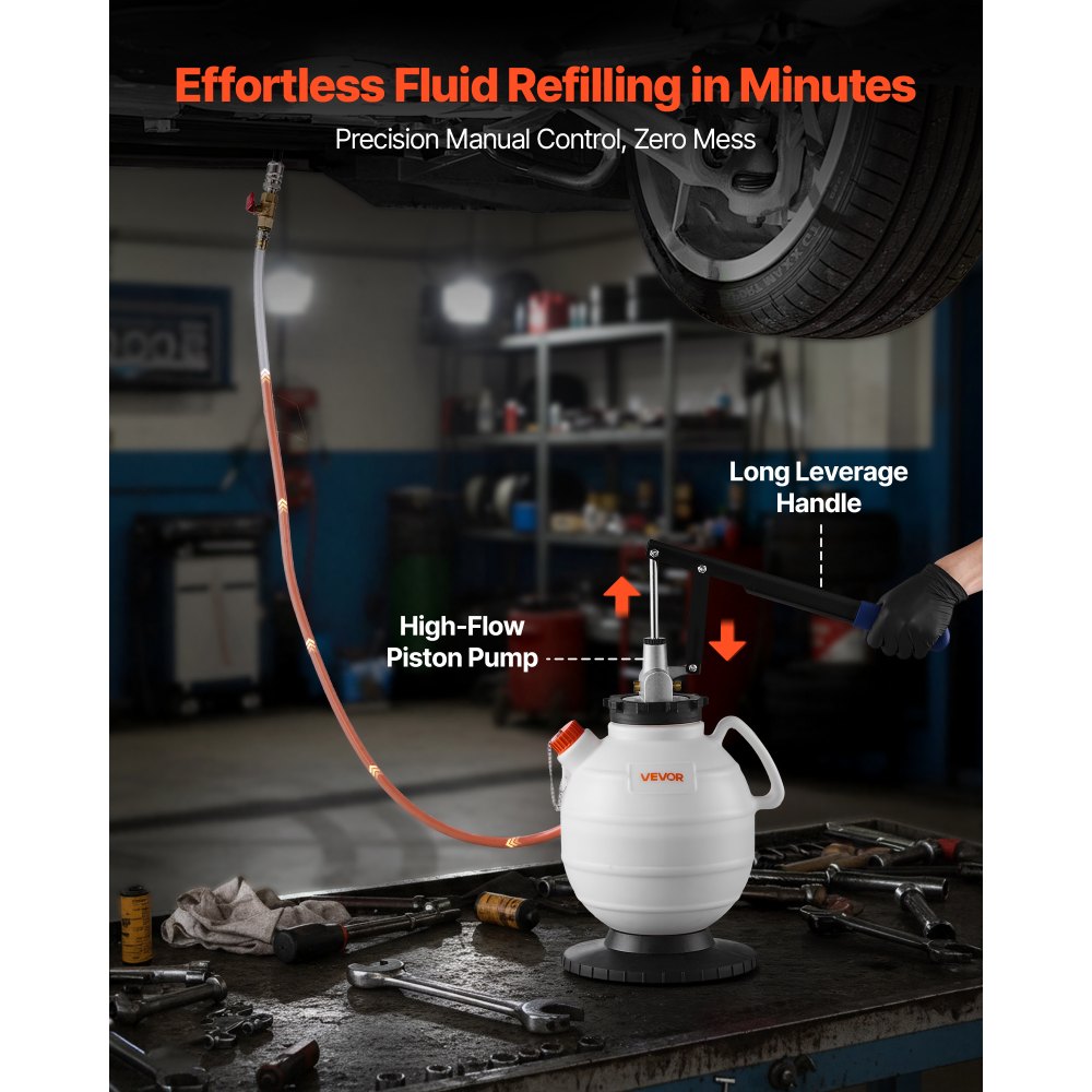 VEVOR Bomba de Líquido de Transmisión Manual Capacidad 7,5 L, Kit de Llenador de Aceite, con 8 Adaptadores de ATF y Manguera de 150 cm, Tanque HDPE, Dispensador de Aceite para Coches Barcos Motos