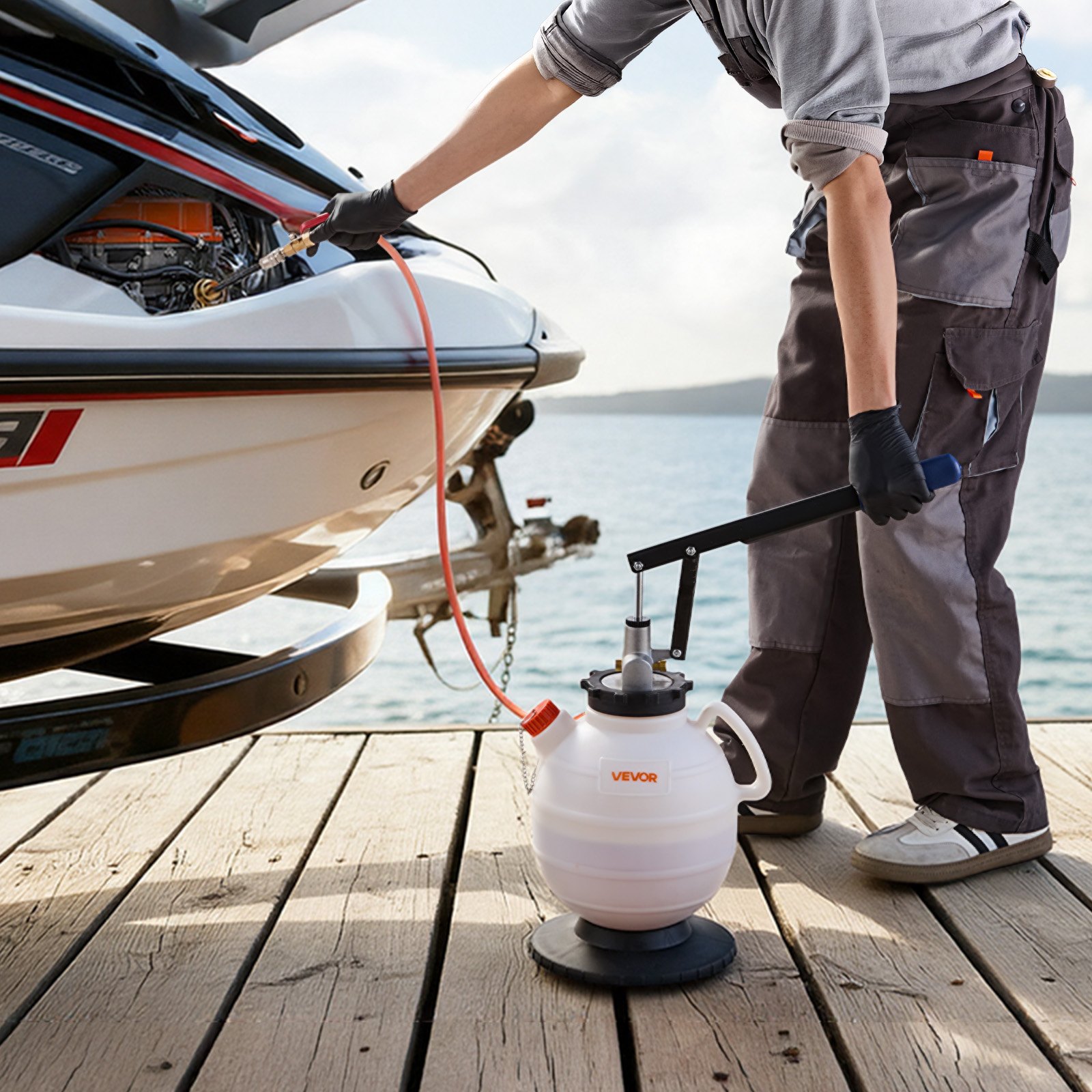 VEVOR Bomba de Líquido de Transmisión Manual Capacidad 7,5 L, Kit de Llenador de Aceite, con 8 Adaptadores de ATF y Manguera de 150 cm, Tanque HDPE, Dispensador de Aceite para Coches Barcos Motos