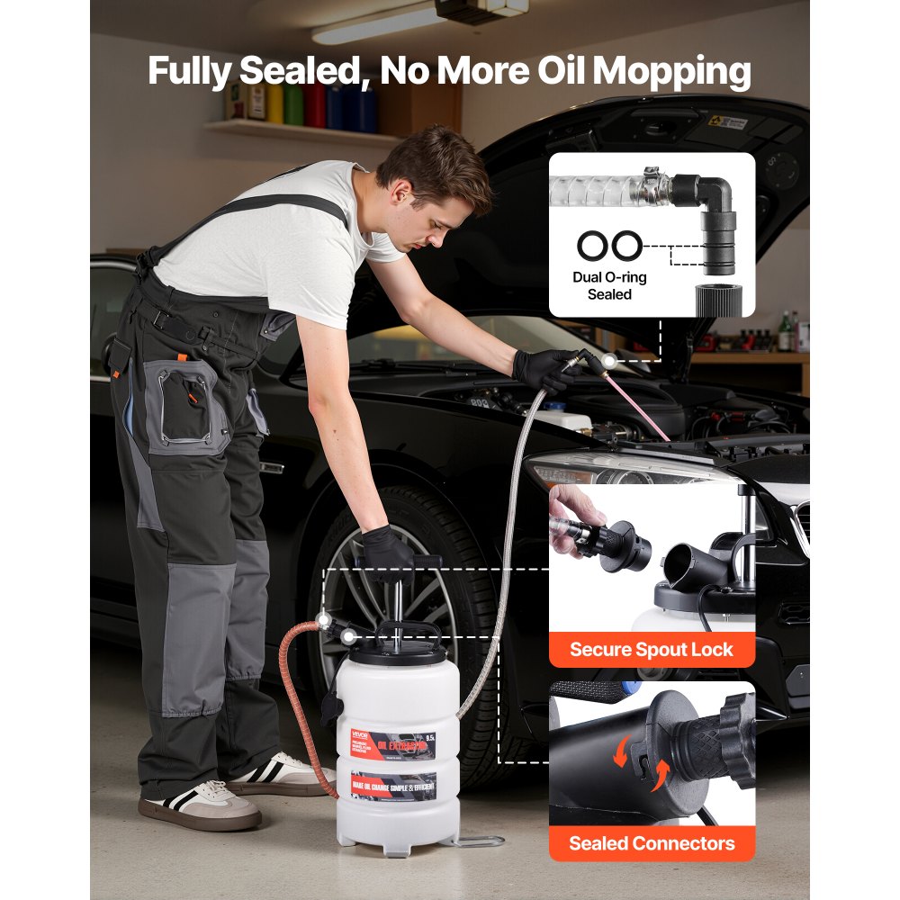 VEVOR Bomba de Líquido de Transmisión Manual Capacidad 9,5 L, Extractor de Aceite de Mano para Máquinas, con Manguera 150 cm Tubos de Extensión Adaptadores, Cambio de Aceite para Coches Barcos Motos
