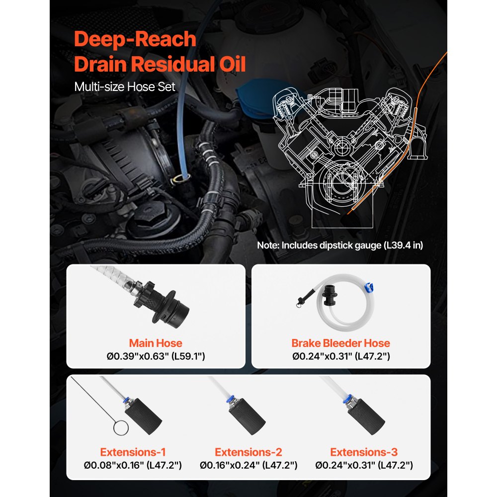 VEVOR Bomba de Líquido de Transmisión Manual Capacidad 9,5 L, Extractor de Aceite de Mano para Máquinas, con Manguera 150 cm Tubos de Extensión Adaptadores, Cambio de Aceite para Coches Barcos Motos