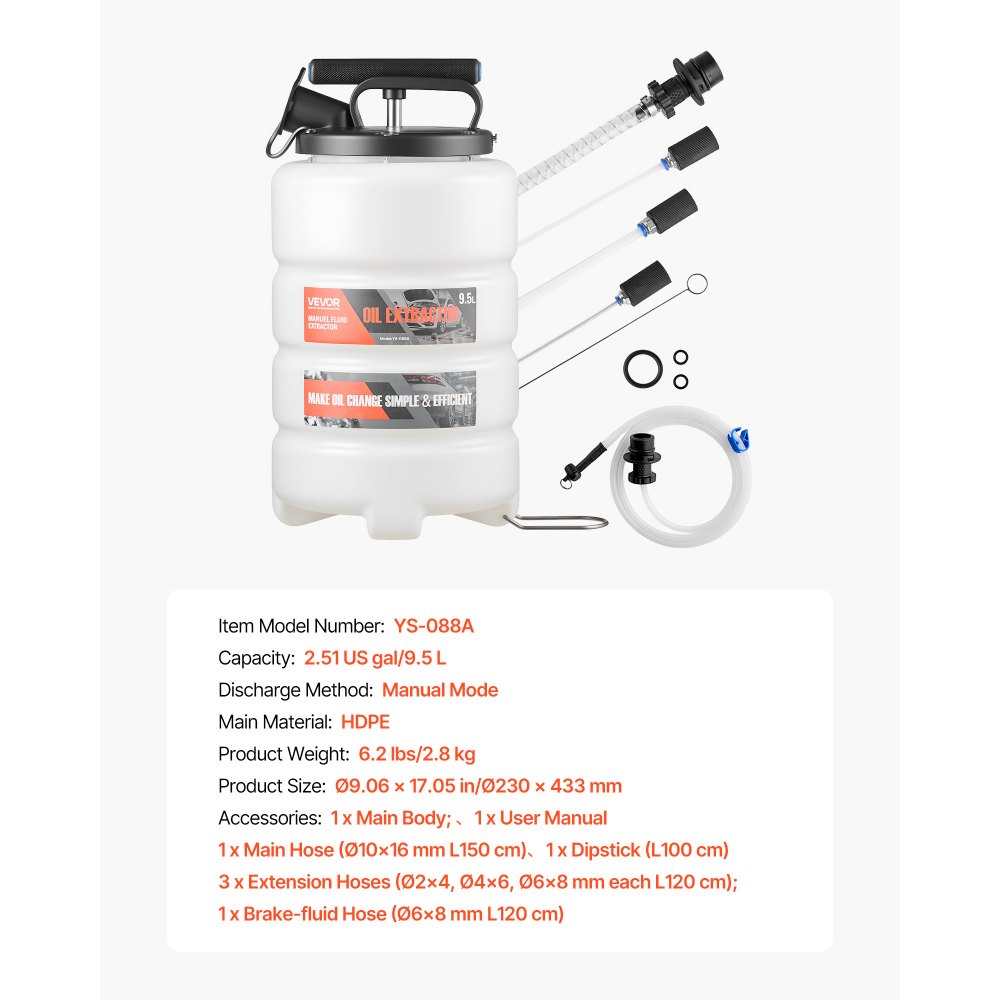 VEVOR Bomba de Líquido de Transmisión Manual Capacidad 9,5 L, Extractor de Aceite de Mano para Máquinas, con Manguera 150 cm Tubos de Extensión Adaptadores, Cambio de Aceite para Coches Barcos Motos