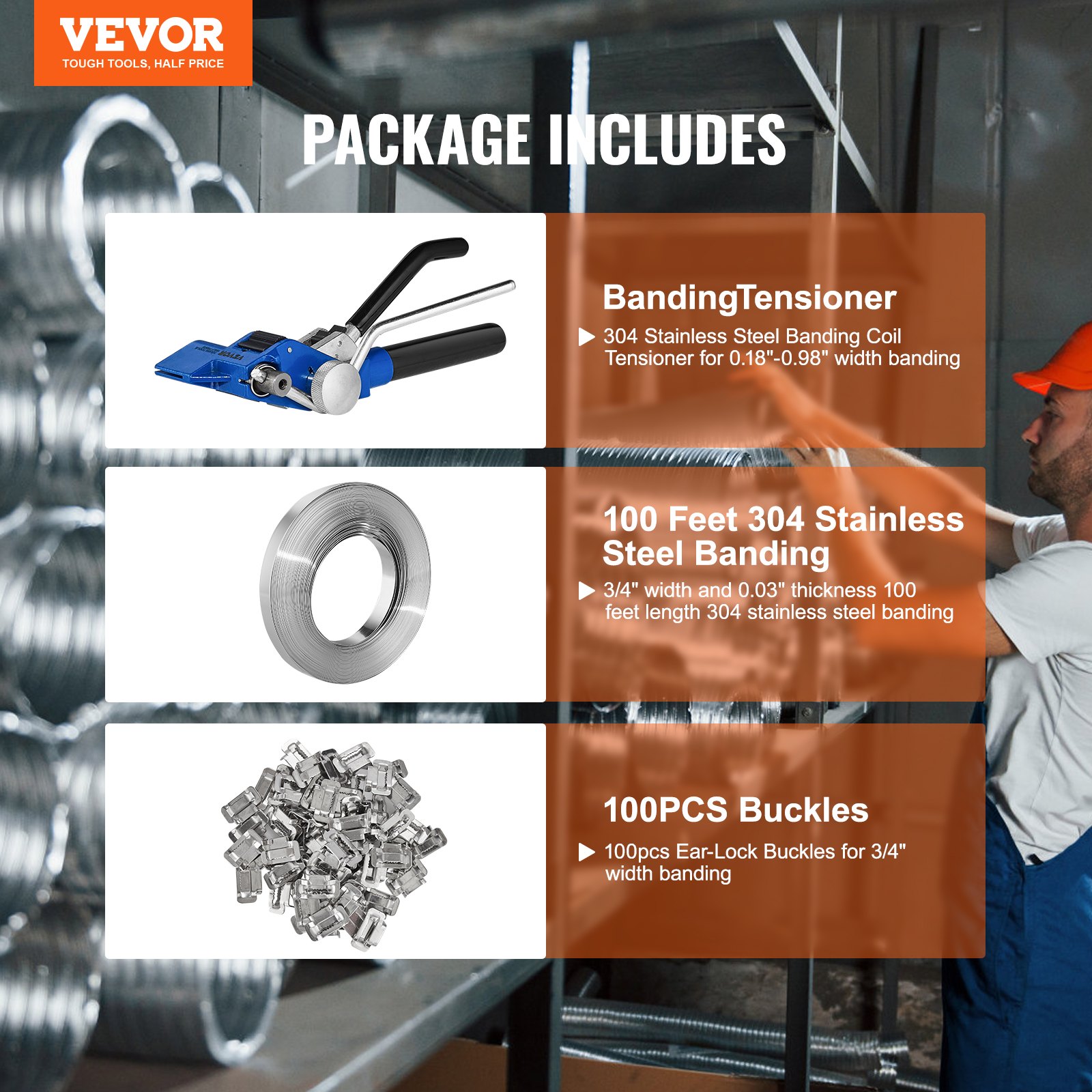 El kit de flejado VEVOR incluye tensor, fleje de acero inoxidable de 100 pies y 100 hebillas con cierre de oreja.