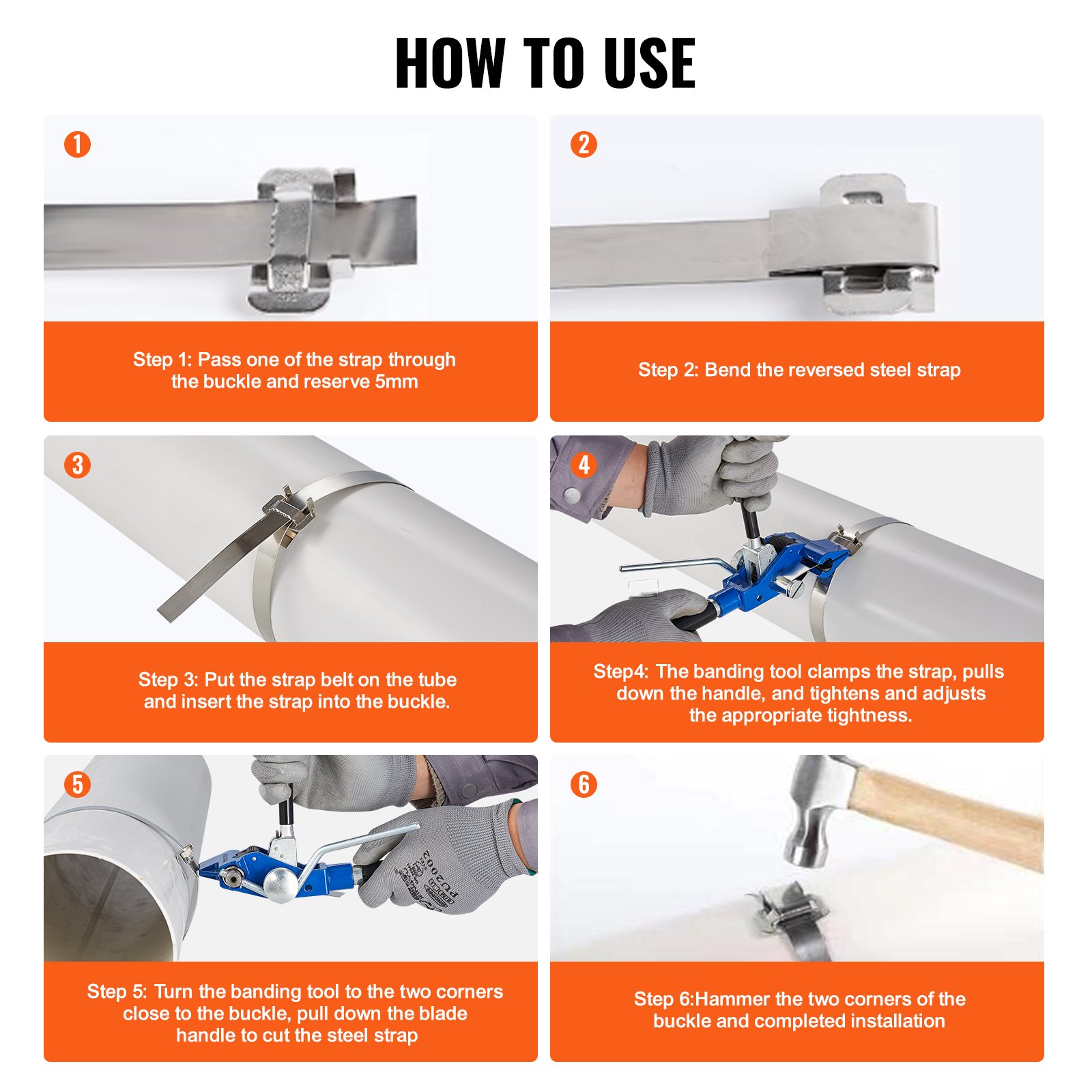Pasos para utilizar el kit de flejado de bandas VEVOR: enhebrar, doblar, insertar, apretar, cortar y martillar.