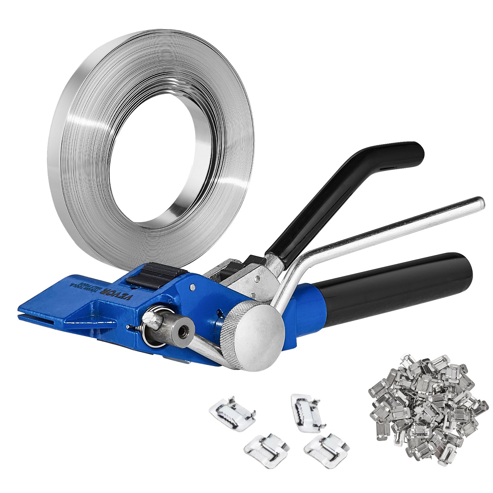 Kit de flejado VEVOR con tensor azul, rollo de fleje de acero y hebillas de metal.