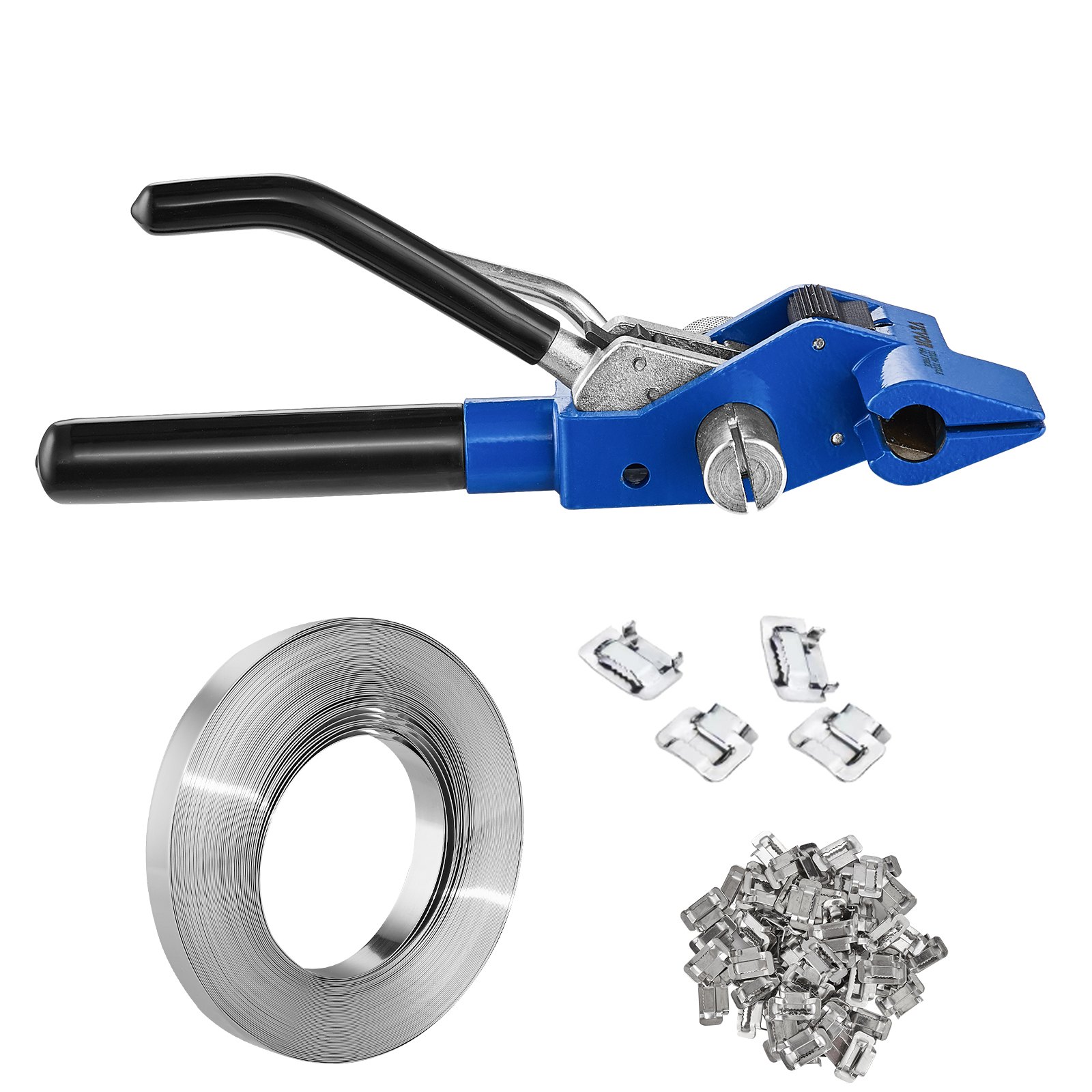 Kit de flejado VEVOR con tensor azul, rollo de fleje de acero inoxidable y precintos metálicos.