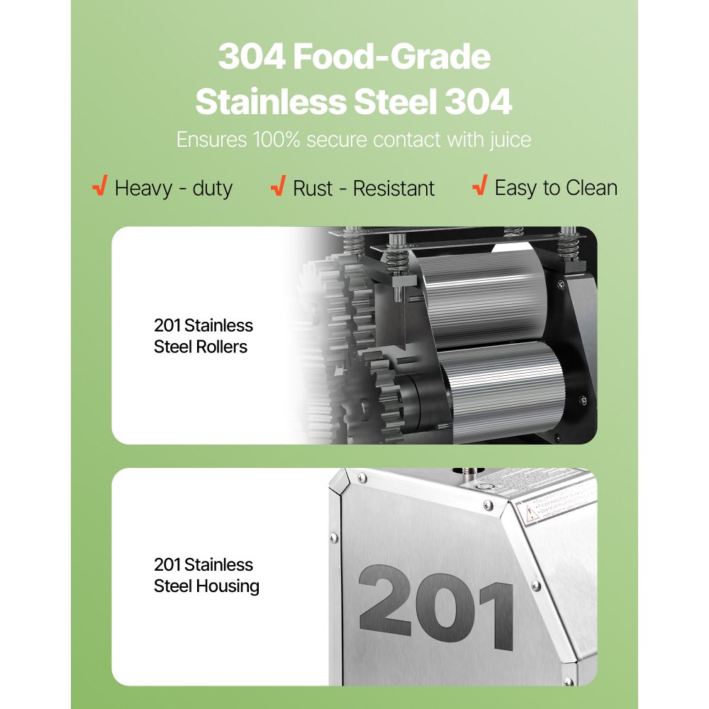 VEVOR Exprimidor Manual de Caña de Azúcar, Capacidad de Producción 50 KG/H, Puerto 62 mm, Máquina de Jugo con Ruedas, Extractor de Acero Inoxidable, Prensador para Uso Doméstico Comercial Restaurante